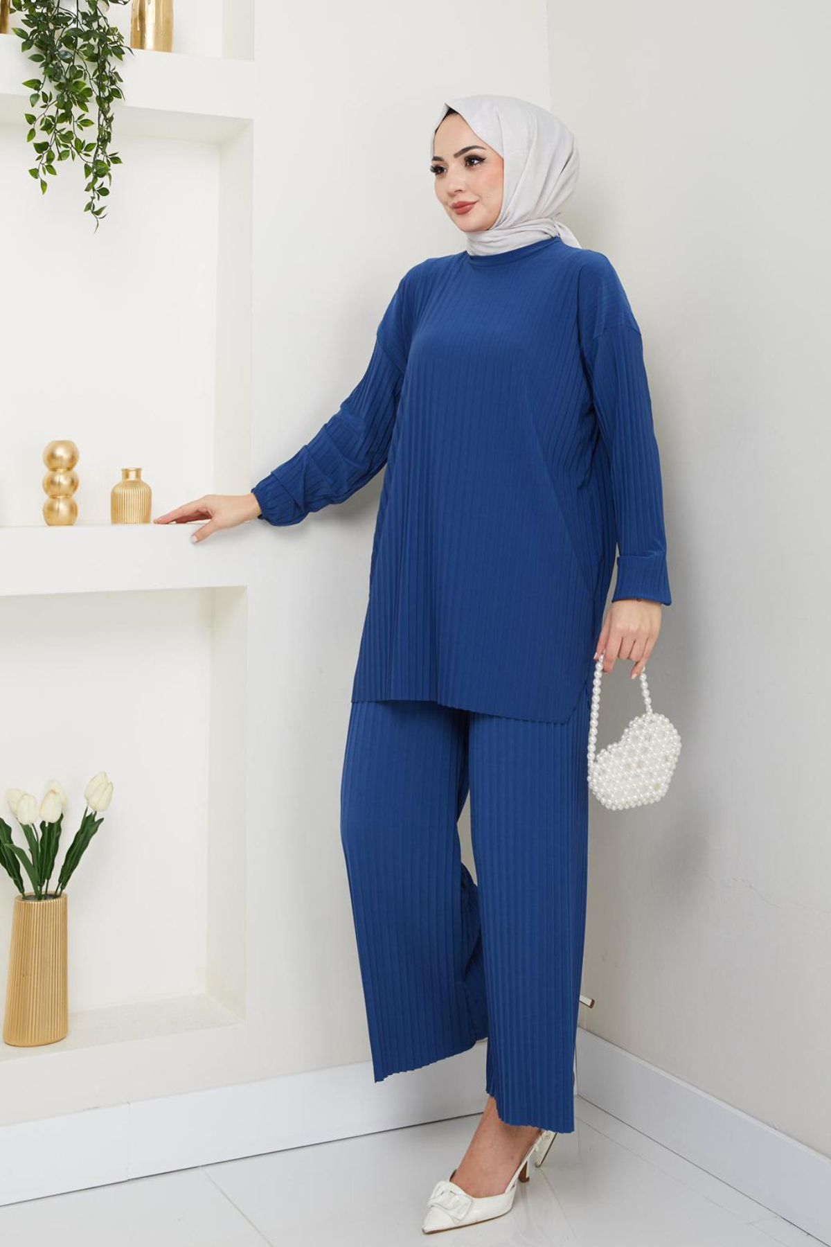 Bold Grup-Women's Sandy Full Pleated Loose Tunic Pants Hijab Double Set 3