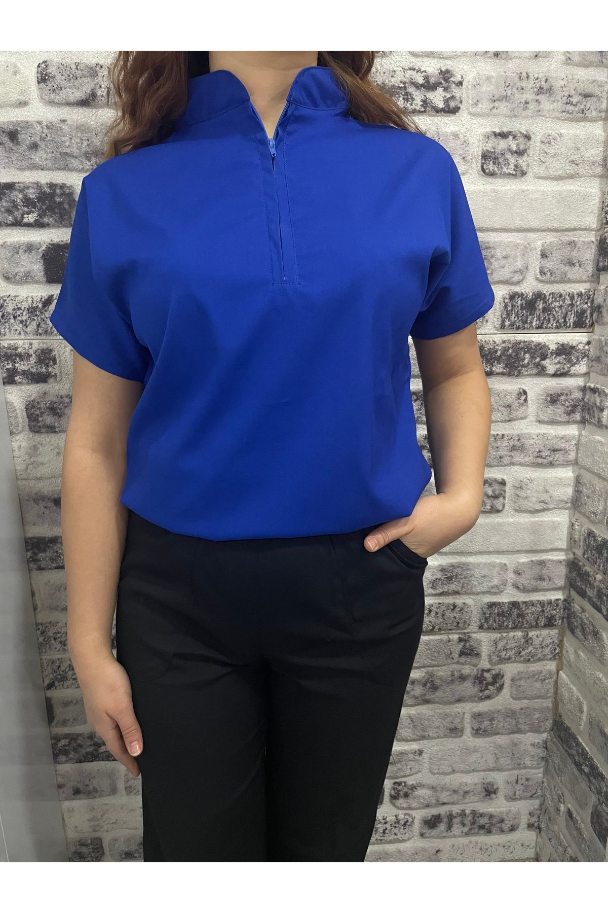 MODA AD Üniforma Likralı Unisex Hakim Yaka Fermuarlı Sax Mavi Doktor Hemşire  Cerrahi Forma Slim Fit