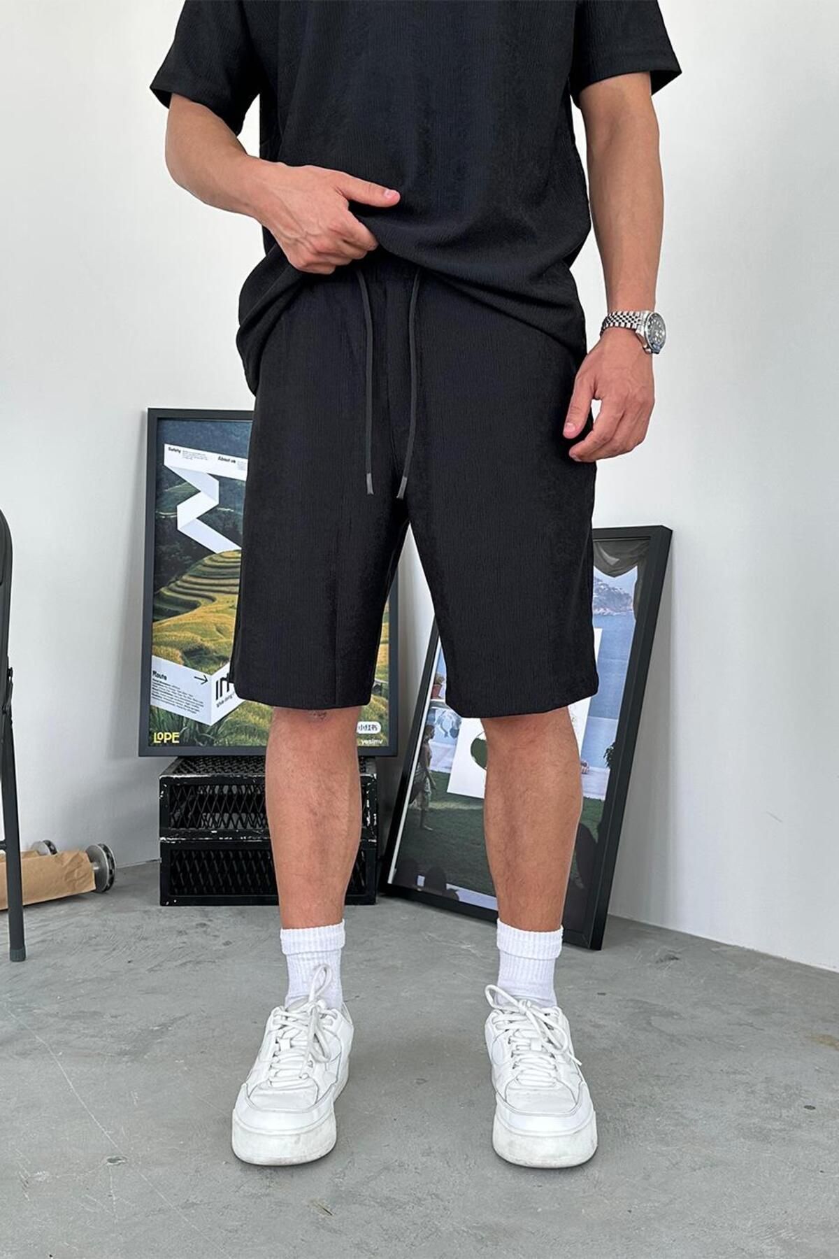 HAFKAGİYİM-Black Ribbed Basic Relaxed Shorts 5