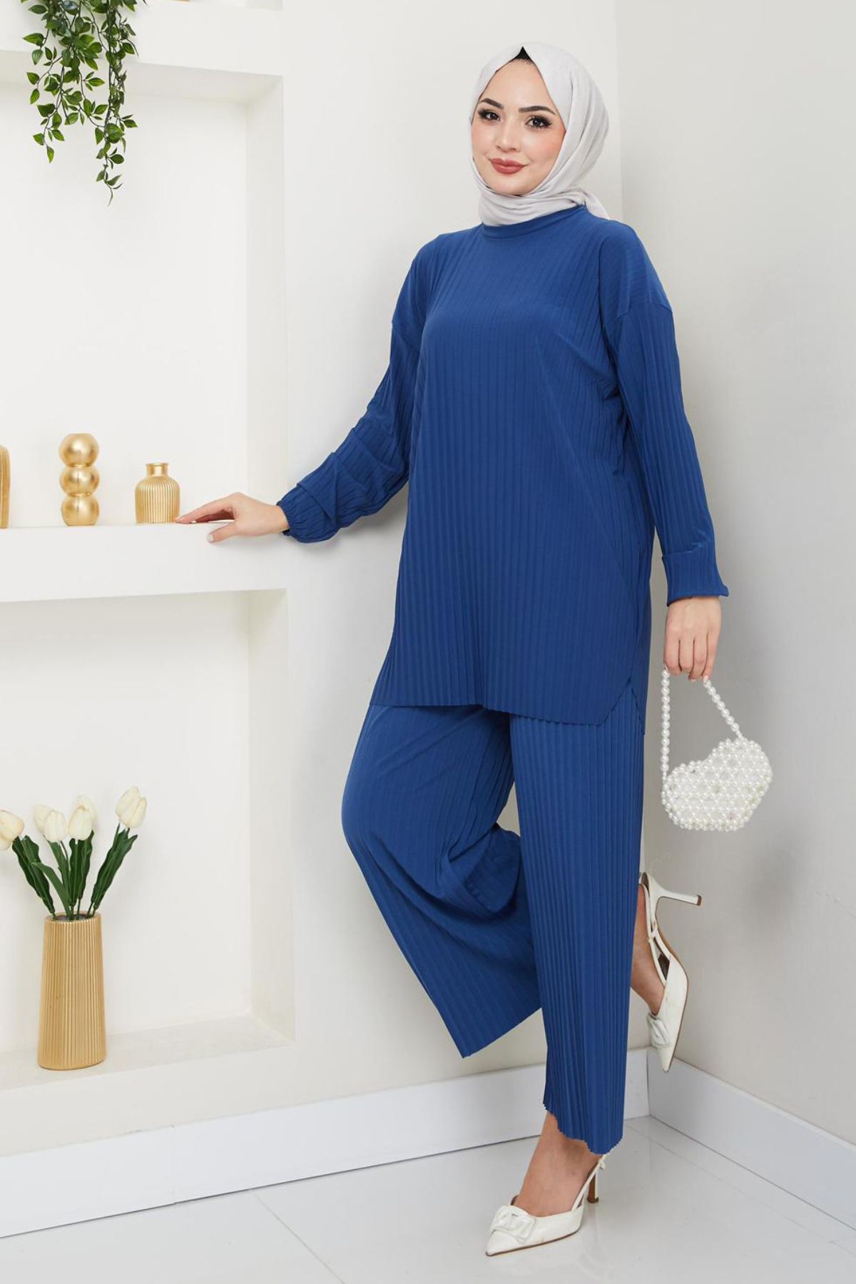 Bold Grup-Women's Sandy Full Pleated Loose Tunic Pants Hijab Double Set 2