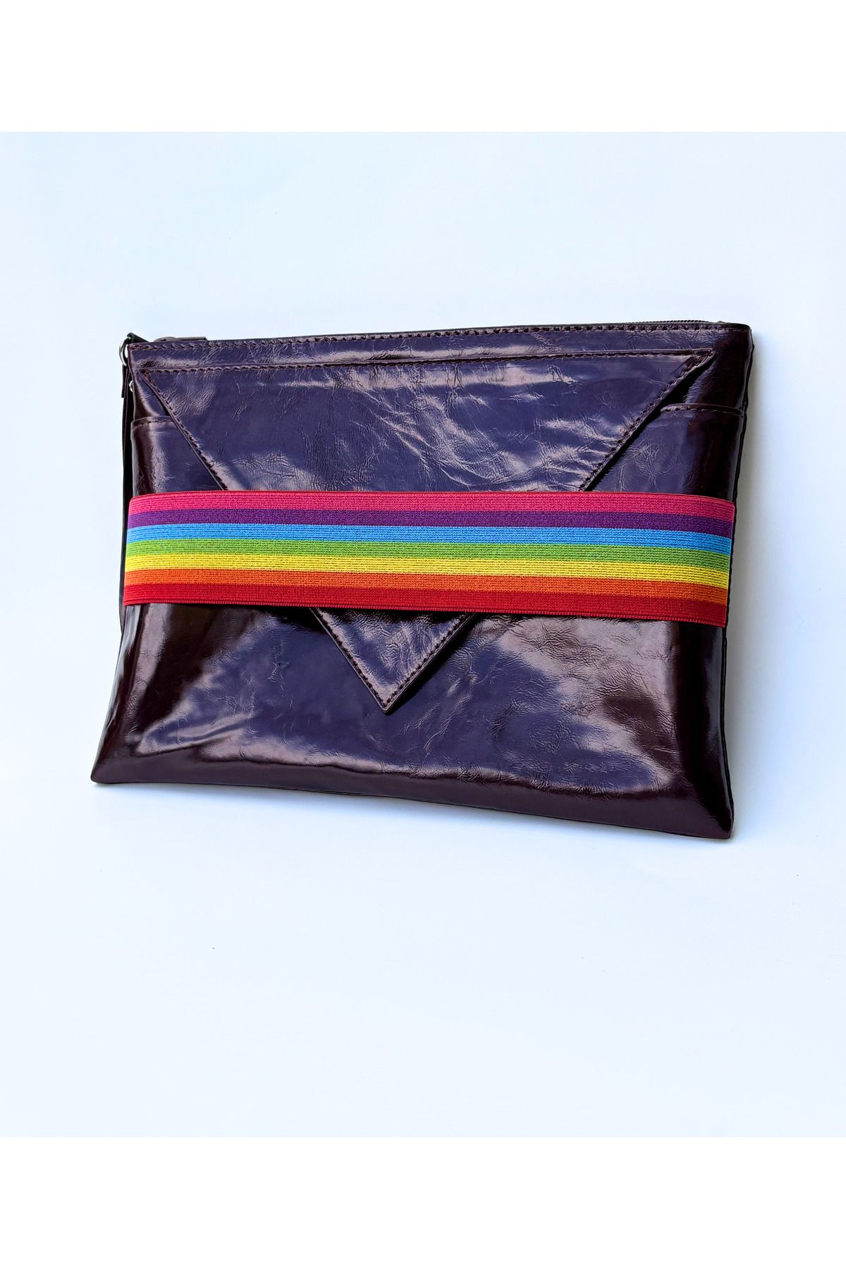 Atelier Nui Eggplant Purple Rainbow Lover Clutch / Mor Hakiki Deri Gökkuşağı Şeritli Portföy Çanta