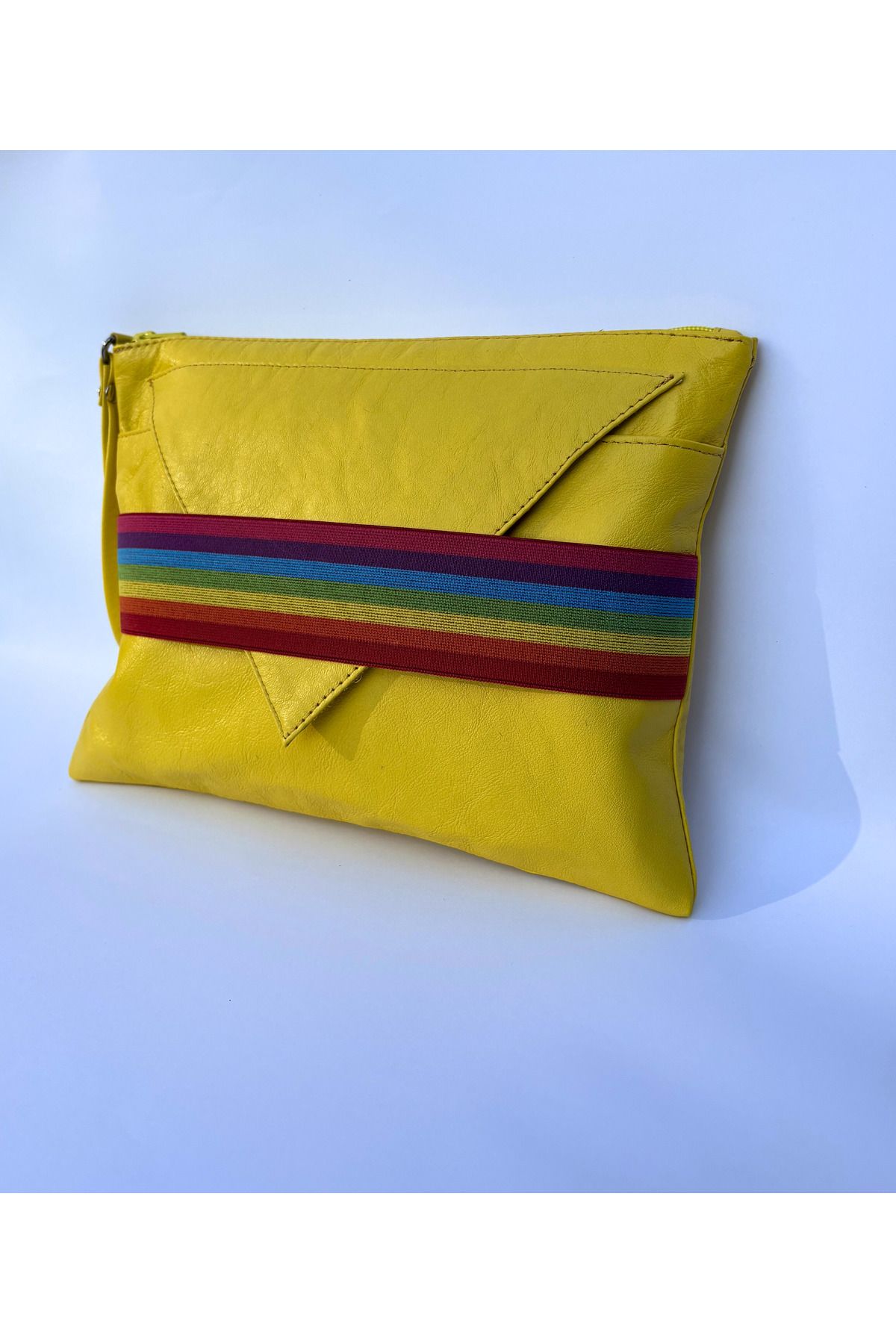 Atelier Nui Yellow Rainbow Lover Clutch / Sarı Hakiki Deri Gökkuşağı Şeritli Portföy Çanta