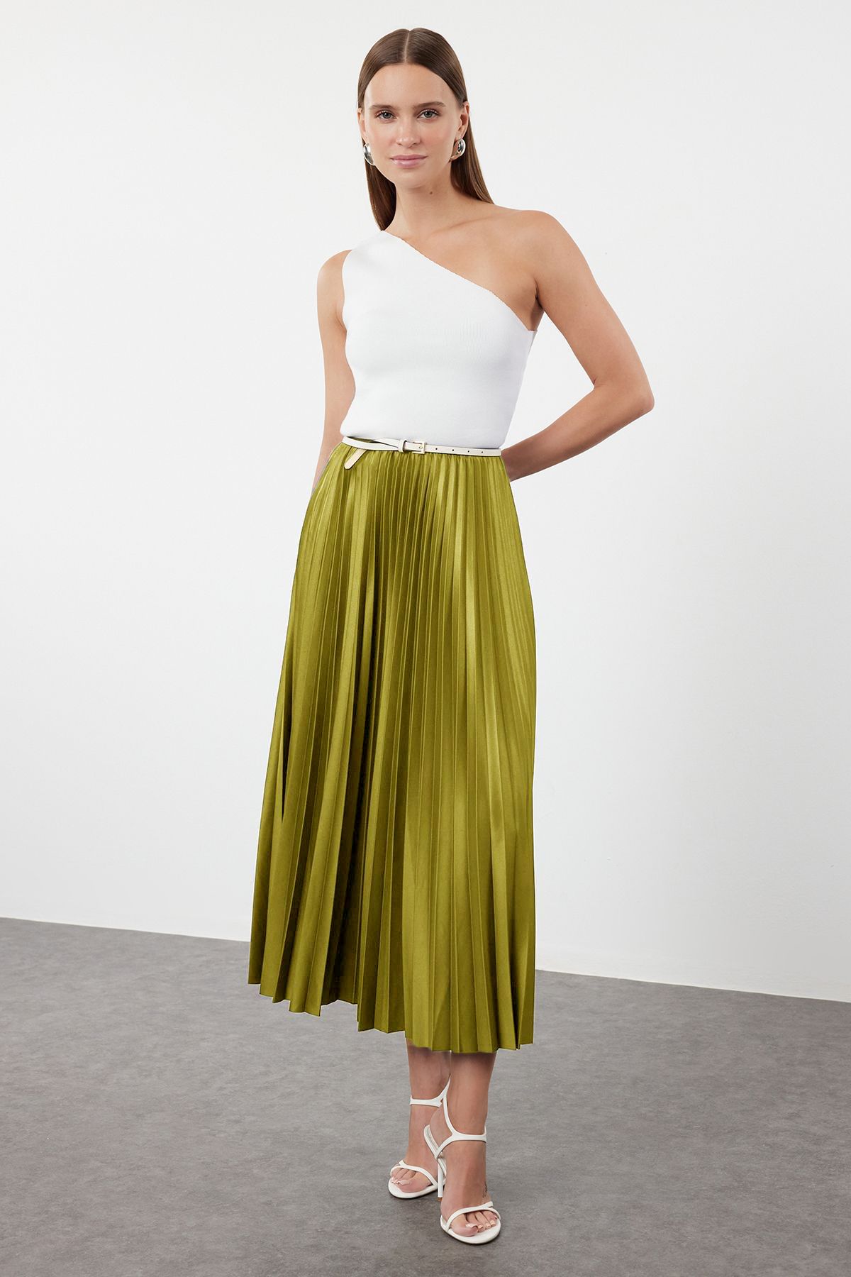 Trendyol Collection Λαδί Πράσινη Πλισέ Maxi Φούστα TWOSS24ET00041