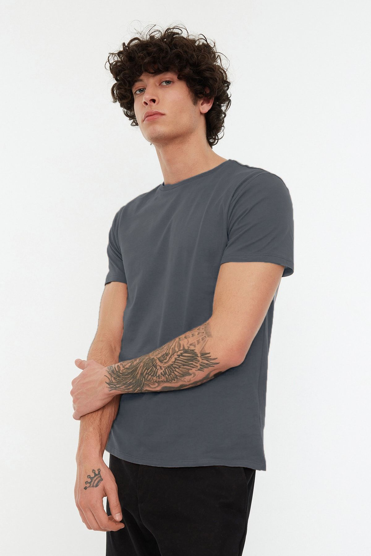 Trendyol Collection-Anthracite Color Slim Fit Crew Neck 100% Cotton T-Shirt - Tmnss19Bo0001 5