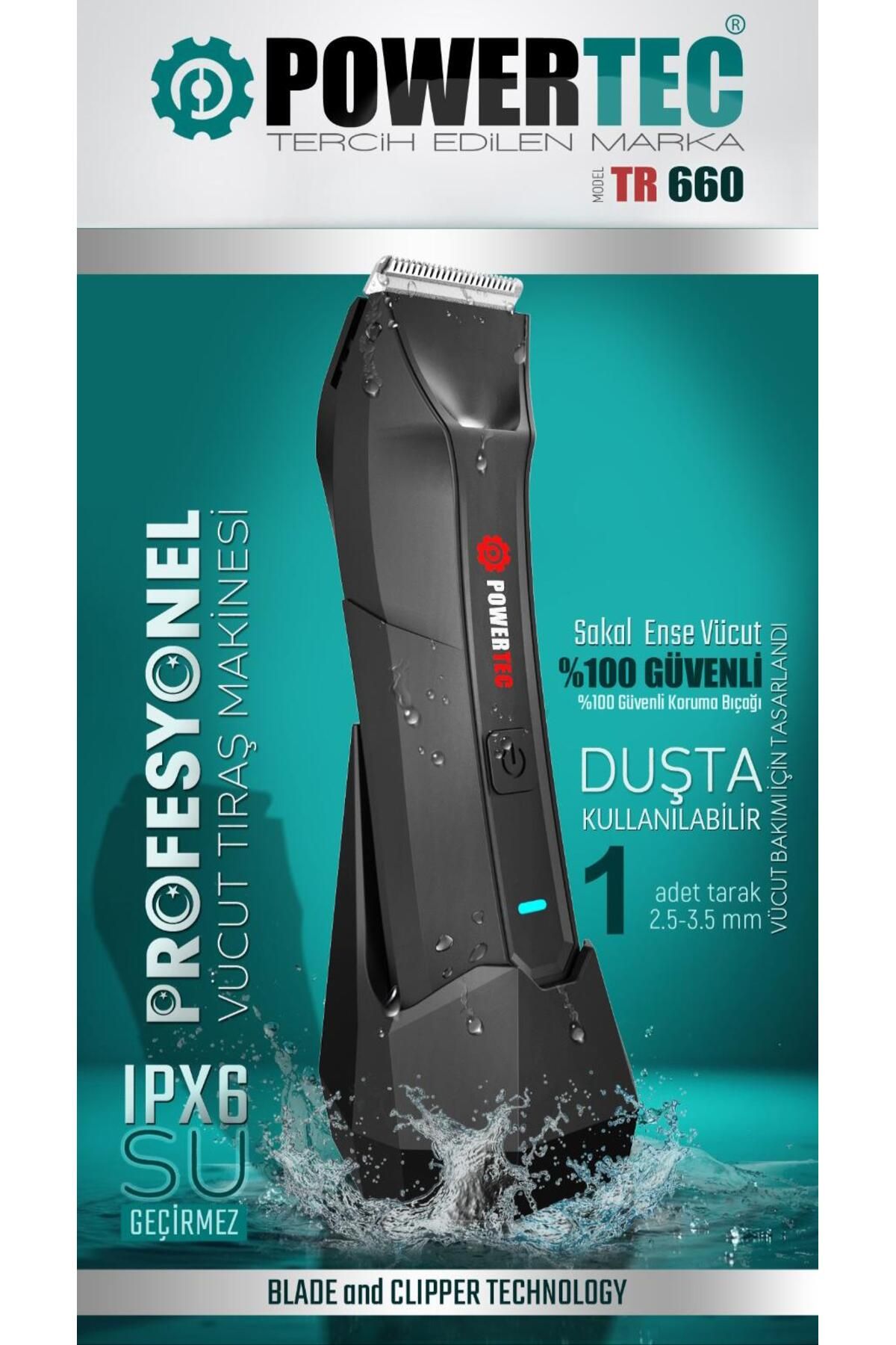 ماشین اصلاح سیاه برقی Tr 660 مرطوب و خشک تمام دستگاه بدن Ipx6 نوع C پاورتچ  Powertec