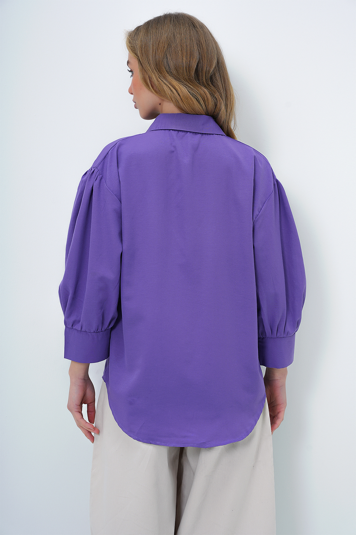 Trend Alaçatı Stili  Kadın Mor Balon Kol Gizli Patlı Basic Poplin Gömlek ALC-X9654 - Görsel 6
