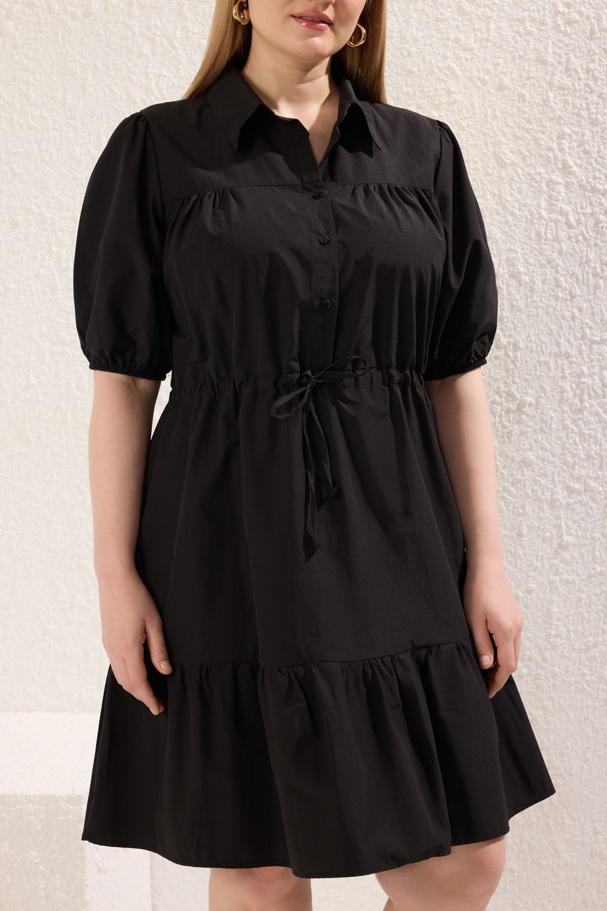 Trendyol Curve-Black Tie Waist Woven Shirt Dress Tbbss23Ah00106 3