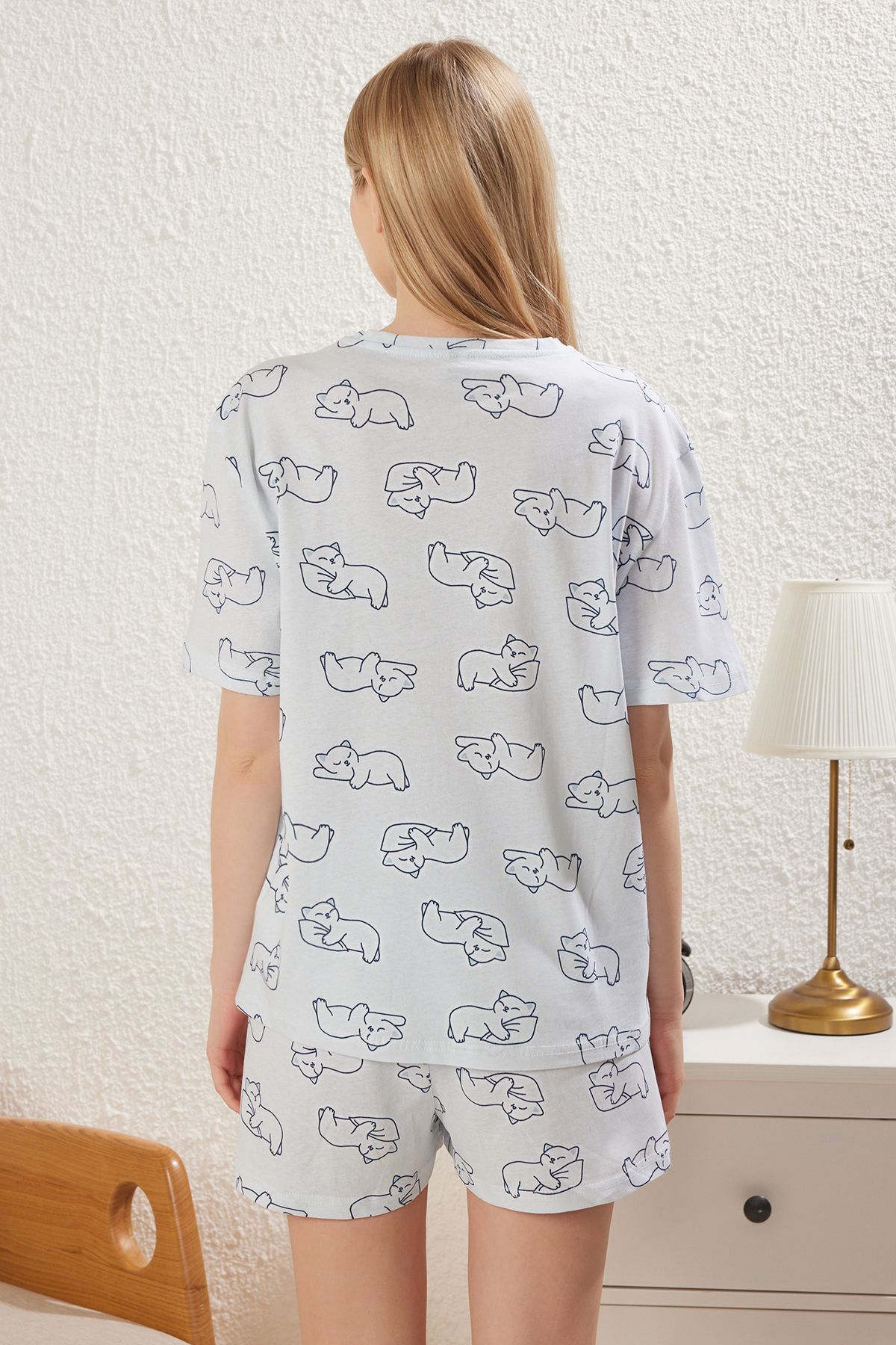 Trendyol Collection-Μπλε 100% βαμβακερό σορτς γάτα πλεκτό σετ πιτζάμες THMSS25PT00249 5