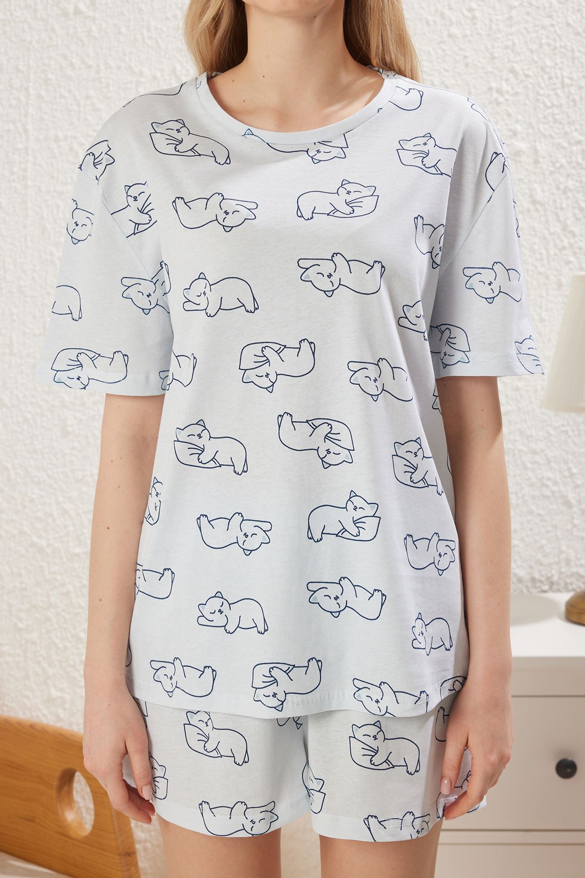 Trendyol Collection-Μπλε 100% βαμβακερό σορτς γάτα πλεκτό σετ πιτζάμες THMSS25PT00249 3