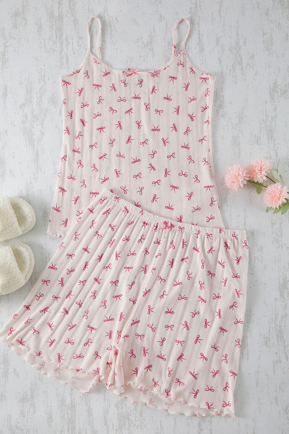 Trendyol Curve-Pink Ribbon/Bow Pattern Pointel Openwork/Hole Knitted Pajamas Set 8