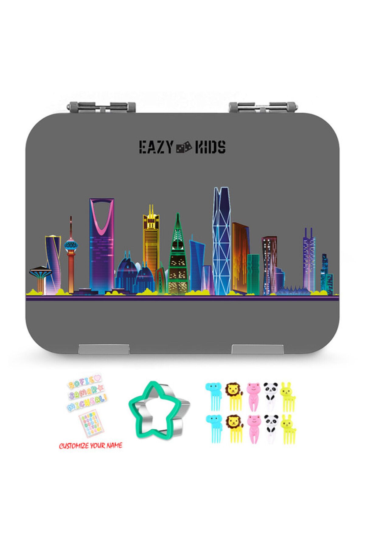 Eazy Kids Eazy Kids 4 Compartment Bento Lunch Box - Love Saudi Grey