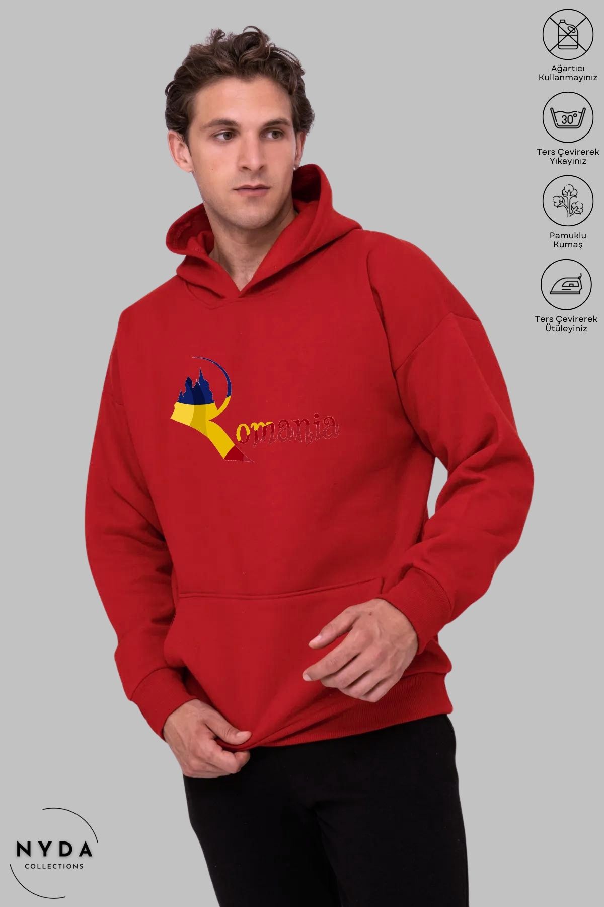 Nyda Collections Unisex Hoodie Uzun Kollu Romania Baskılı Kapüşonlu Şardonlu Oversize Pamuk Sweatshirt