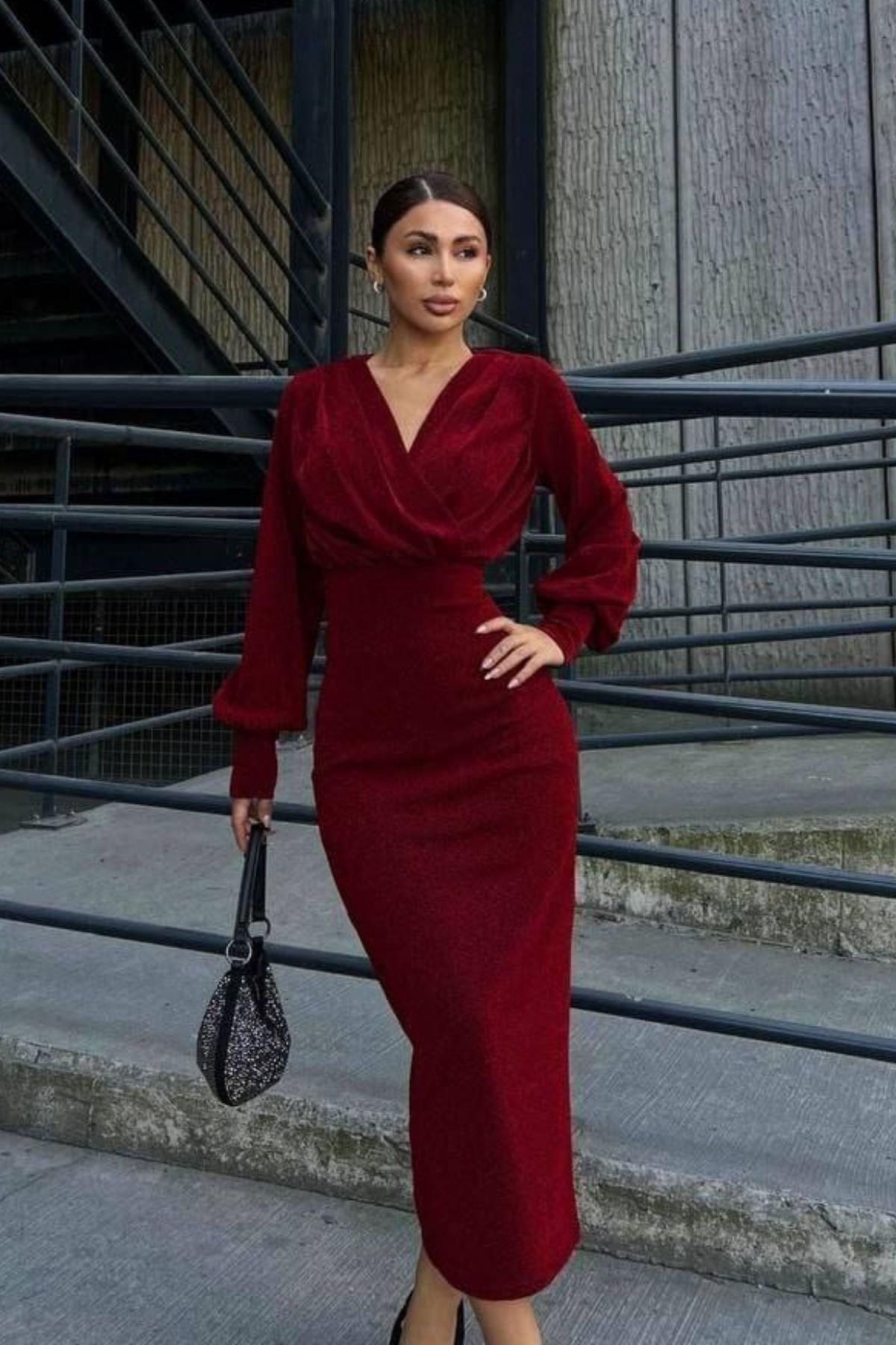 Mossta-Double Breasted Neckline Long Sleeve Silvery Midi Dress Burgundy 2