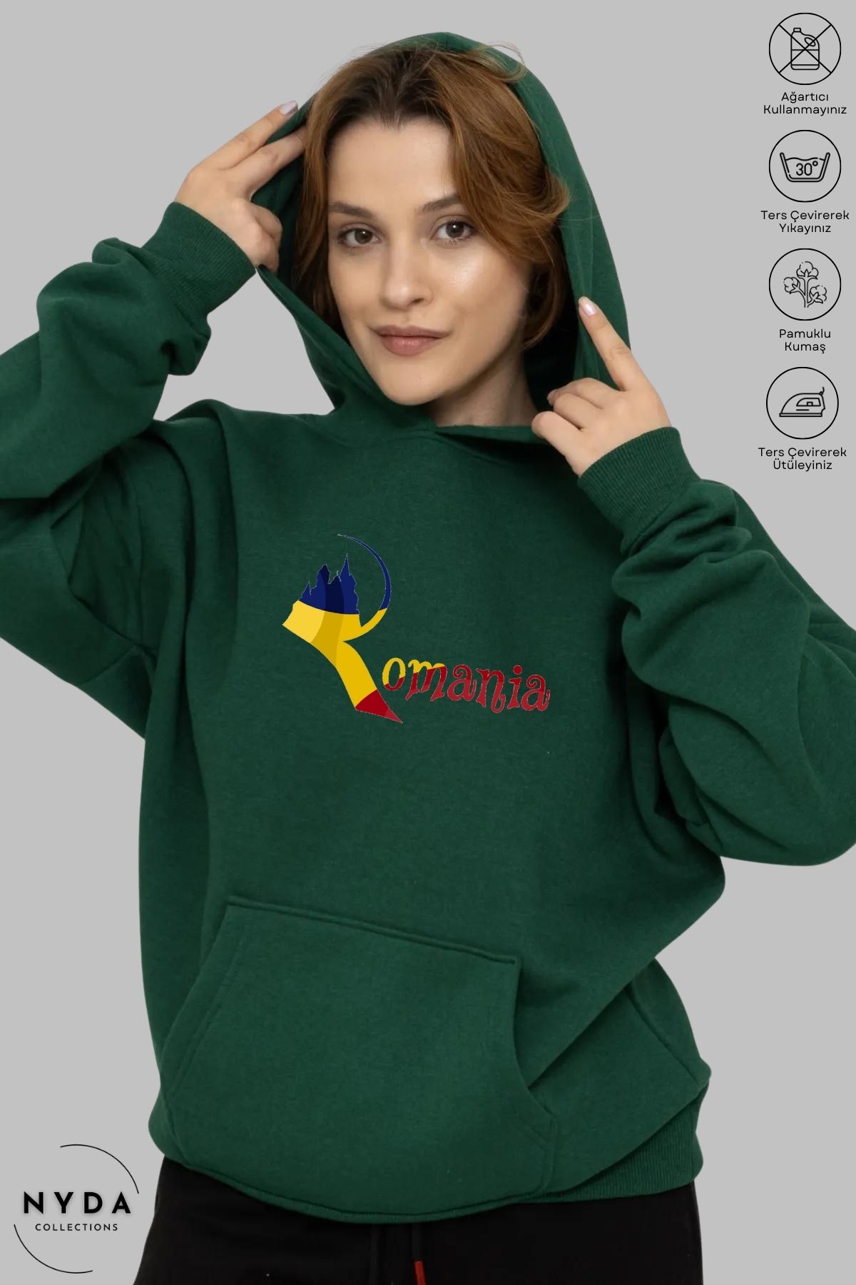 Nyda Collections Unisex Hoodie Uzun Kollu Romania Baskılı Kapüşonlu Şardonlu Oversize Pamuk Sweatshirt