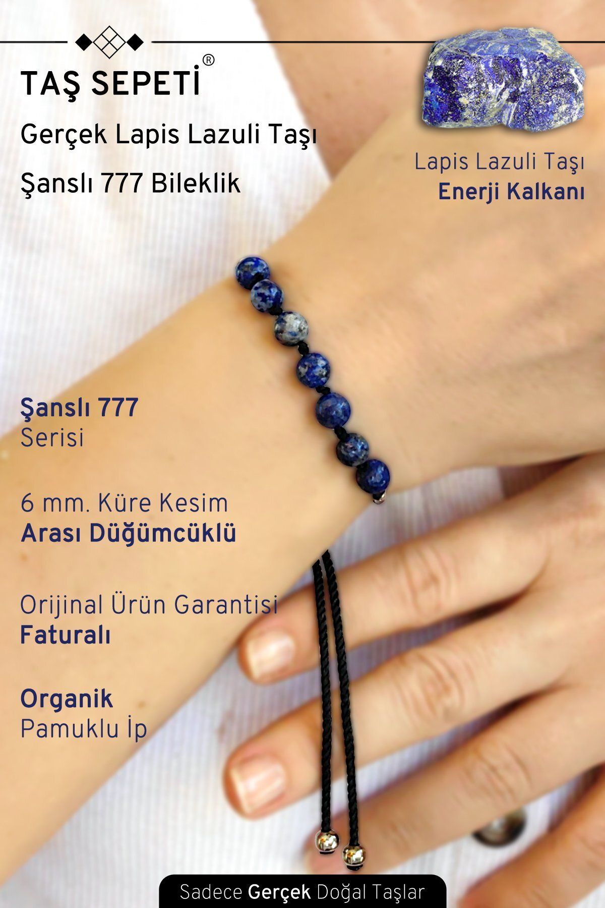 TAŞ SEPETİ 777 Şanslı Serisi Gerçek Lapis Lazuli Doğal Taşı Unisex Şans Bilekliği