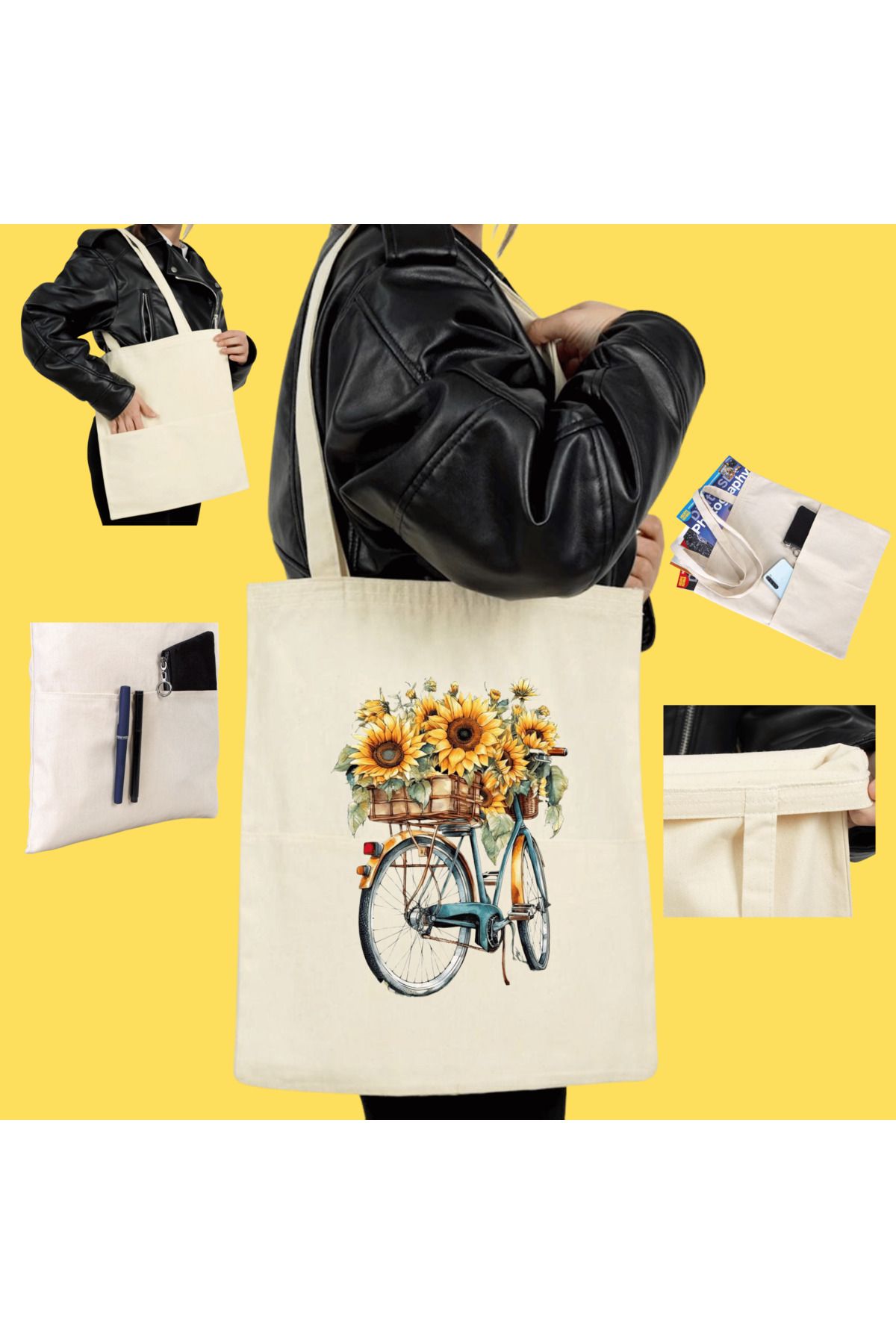 CACTUS HOME Çok Amaçlı Cepli  Tasarım Ham Bez Tote Bag Çanta, Pinterest Çanta