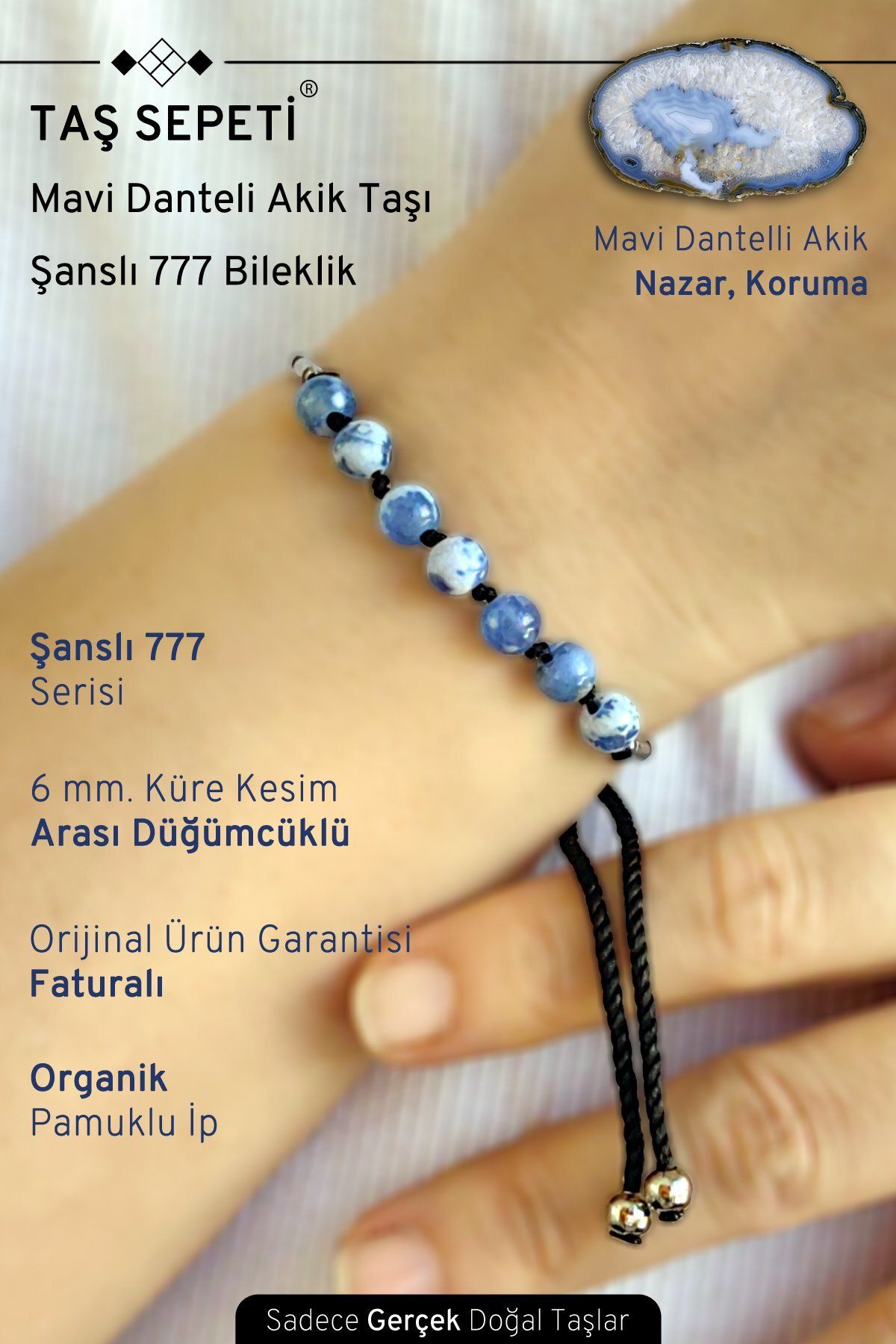 TAŞ SEPETİ 777 Şanslı Serisi Gerçek Mavi Dantelli Akik Doğal Taşı Unisex Şans Bilekliği