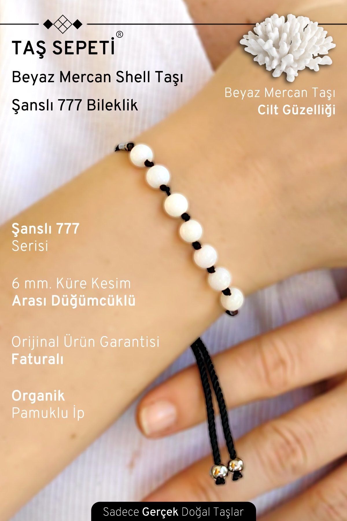 TAŞ SEPETİ 777 Şanslı Serisi Beyaz Mercan Doğal Taşı Unisex Şans Bilekliği