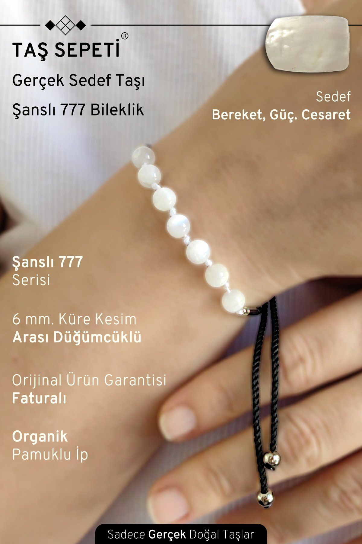 TAŞ SEPETİ 777 Şanslı Serisi Gerçek Sedef Doğal Taşı Unisex Şans Bilekliği