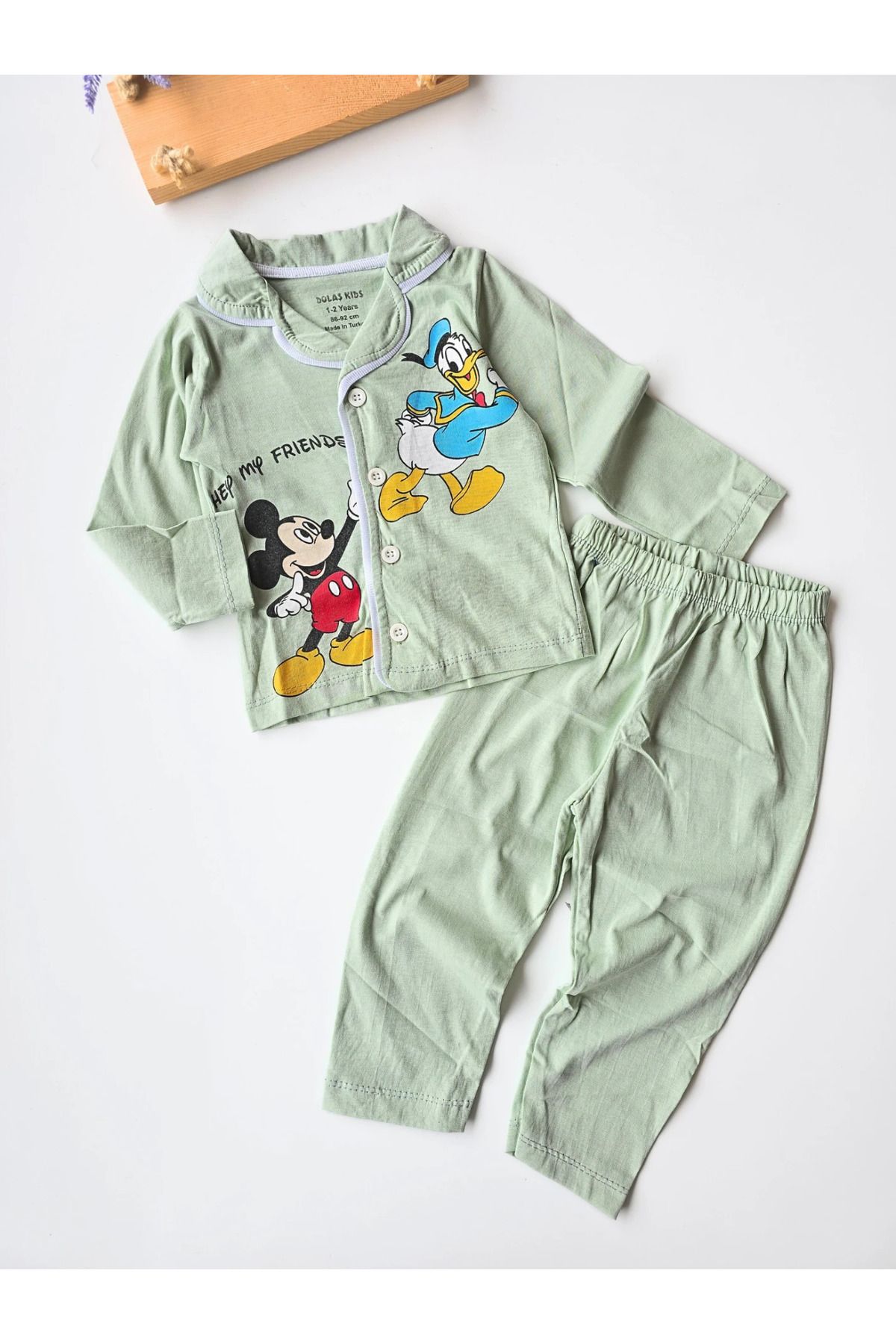 BEBEYOGİ Bebek takım mickey friends baskılı yakalı düğmeli pijama 1-4 yaş yeşil