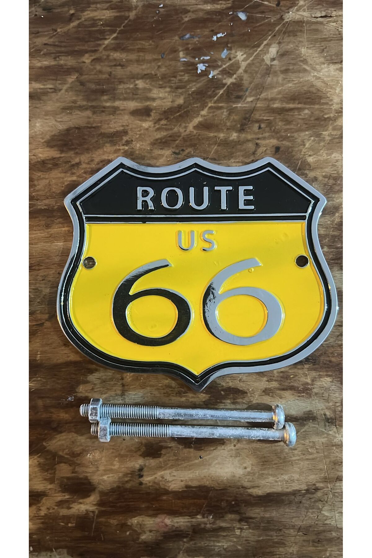 HIZTUNING Route 66 Amblem SARI METAL ARMA Krom Metal Çivili Panjur Arma Amblem