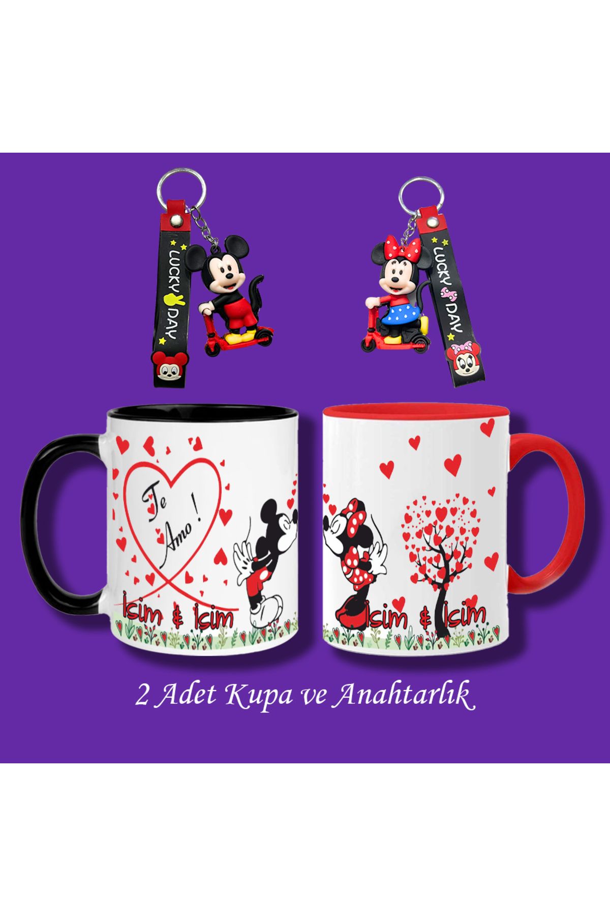 Ceymas Hediyelik 14 Şubat Sevgililer Günü Özel Seri Mickey ve Minnie Mouse Kupa Bardak ve Anahtarlık Seti