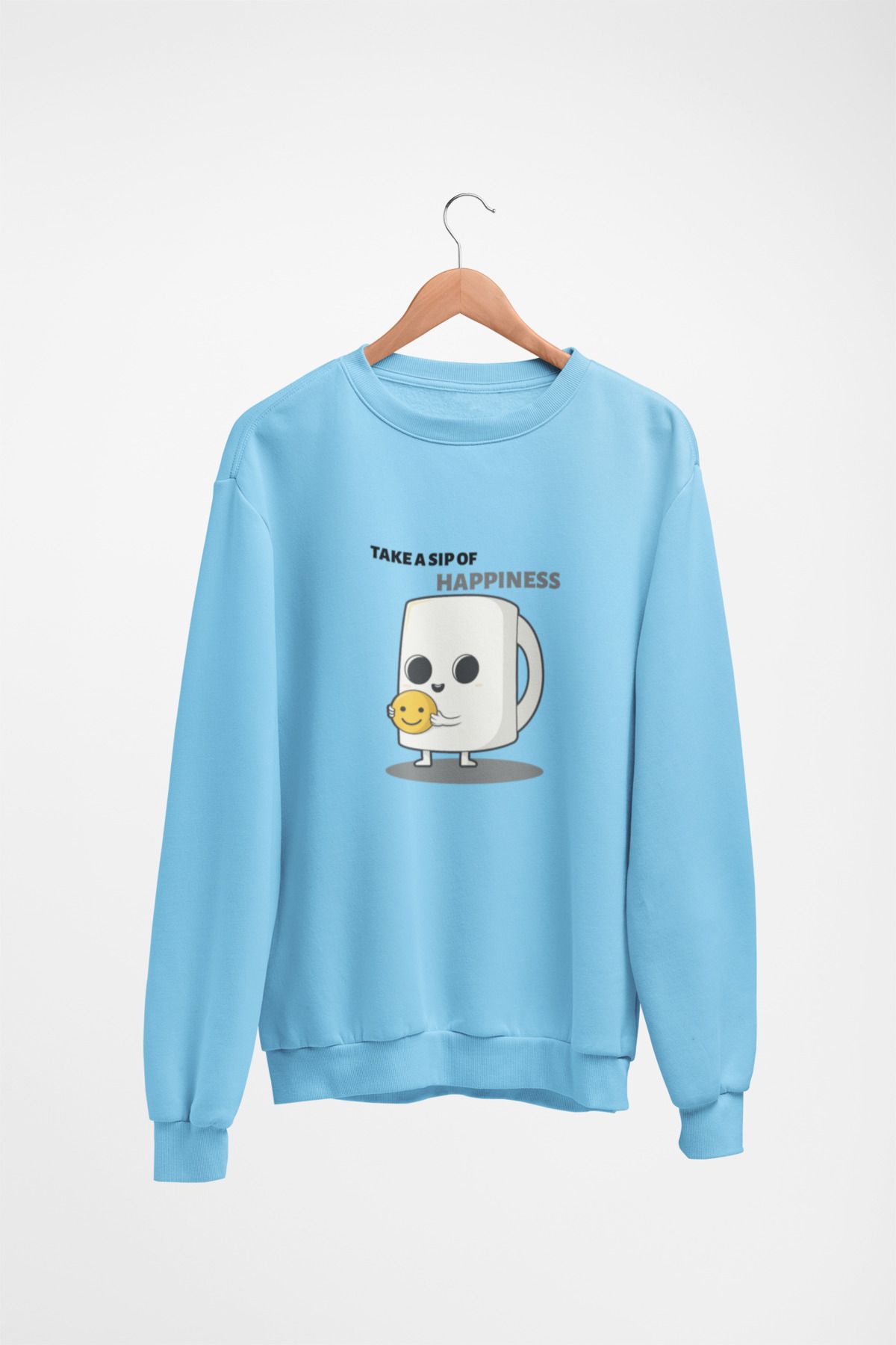 Butik Unisex Uzun Kol HAPPINESS Transfer Baskılı Bisiklet Yakalı Sweatshirt