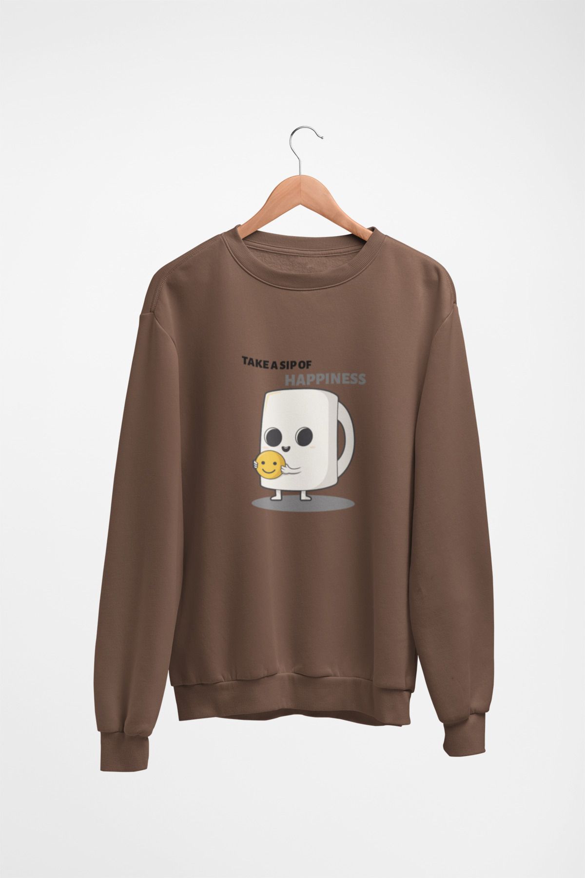 Butik Unisex Uzun Kol HAPPINESS Transfer Baskılı Bisiklet Yakalı Sweatshirt