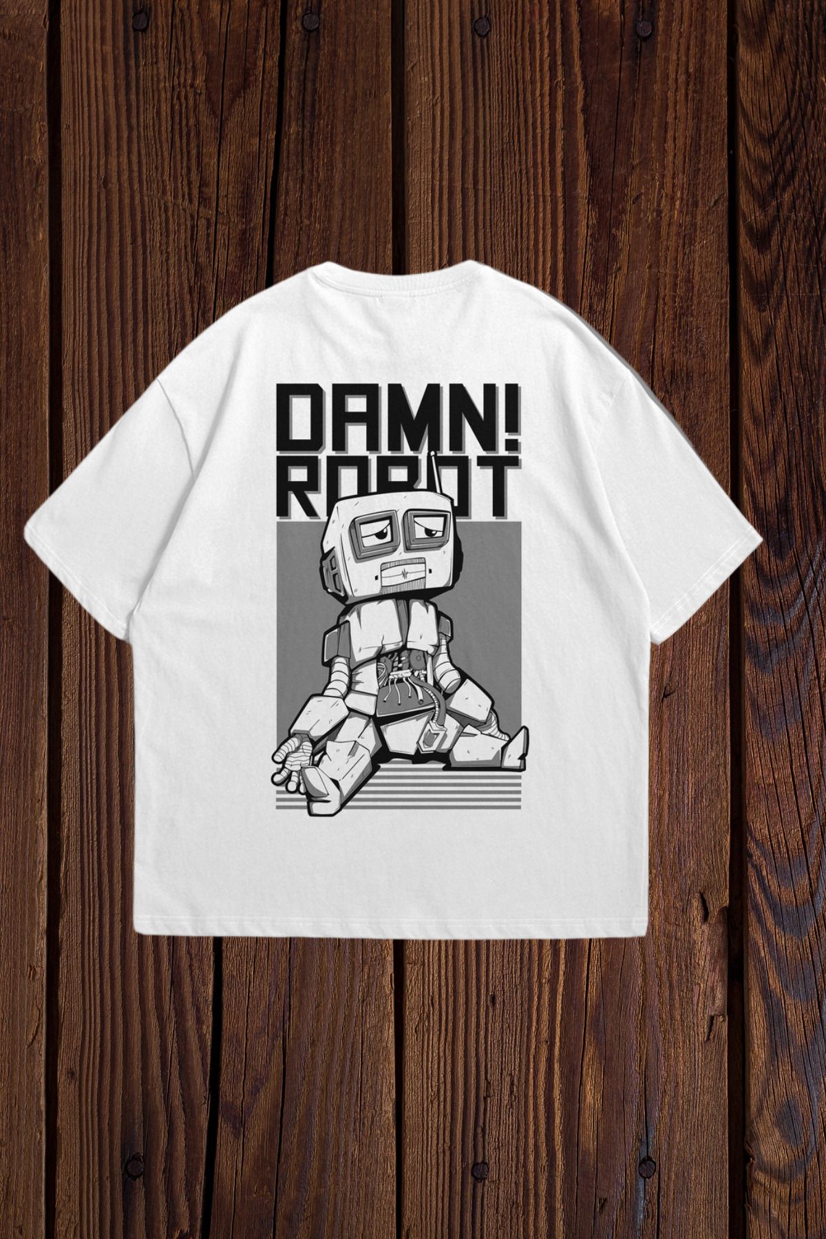 FECCY Pamuklu DAMN ROBOT Baskılı Oversize T-shirt