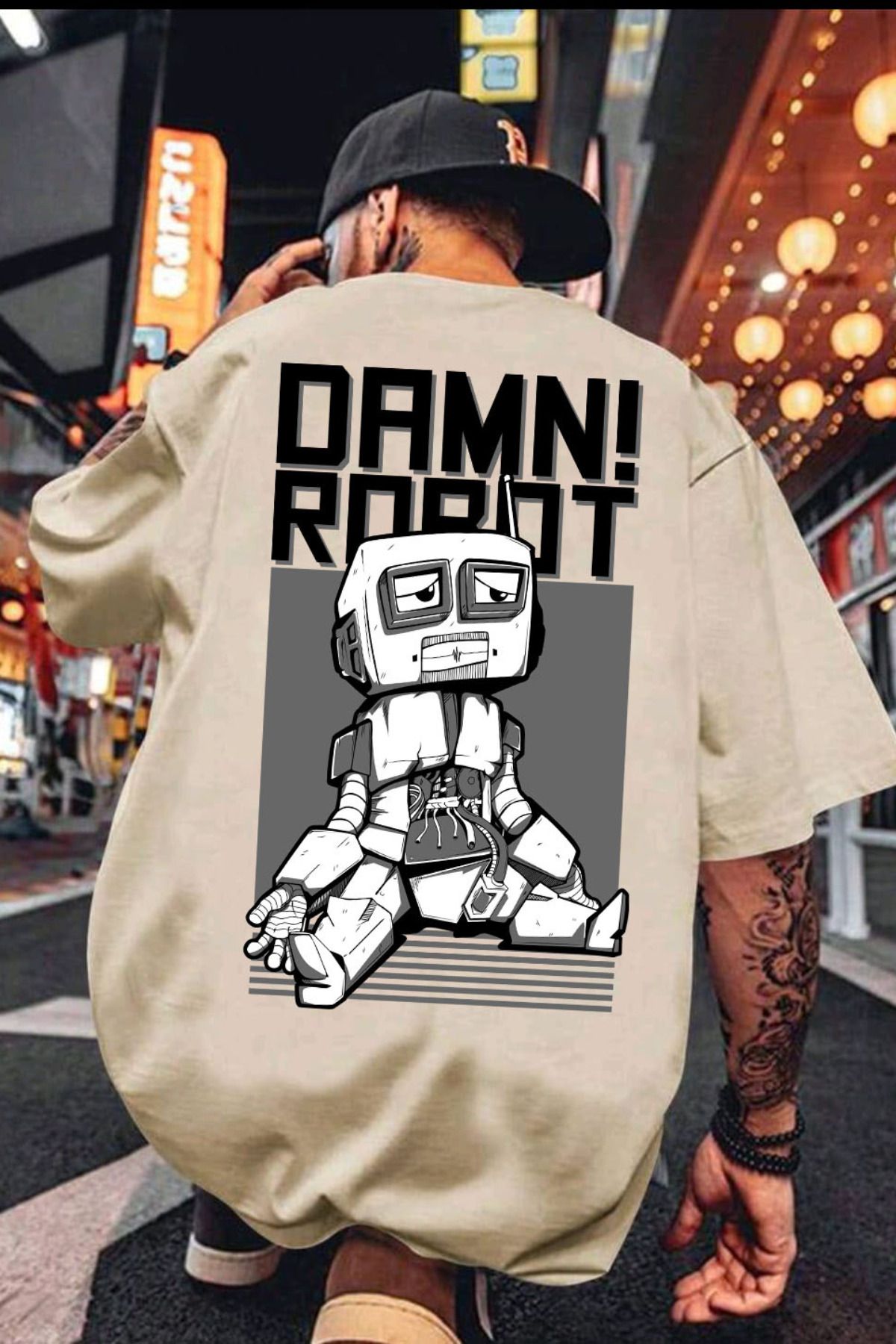 FECCY Pamuklu Damn Robot Baskılı Oversize T-shirt