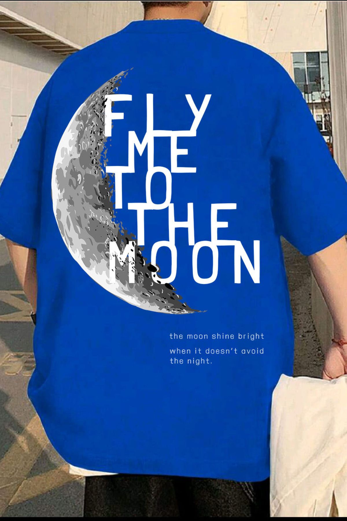 FECCY Pamuklu Fly Me to the Moon Baskılı Oversize T-shirt