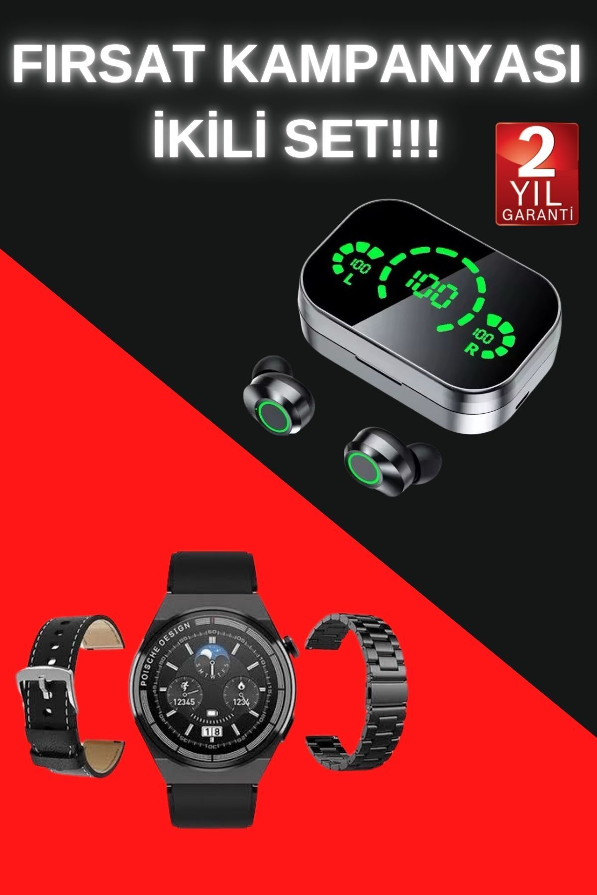 Tradivent TWS Bluetooth Kulaklık ve Akıllı Saat Uyku Takibi Nabız Ölçer Uzun Pil Ömrü