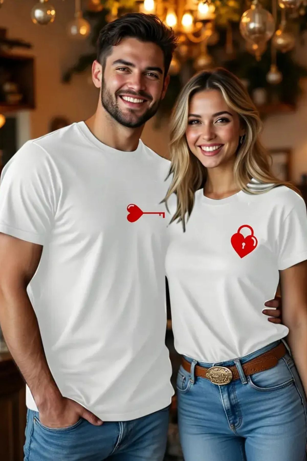 FECCY Pamuklu Kilit & Anahtar Tasarım Sevgili Çift Kombini Unisex T- Shirt