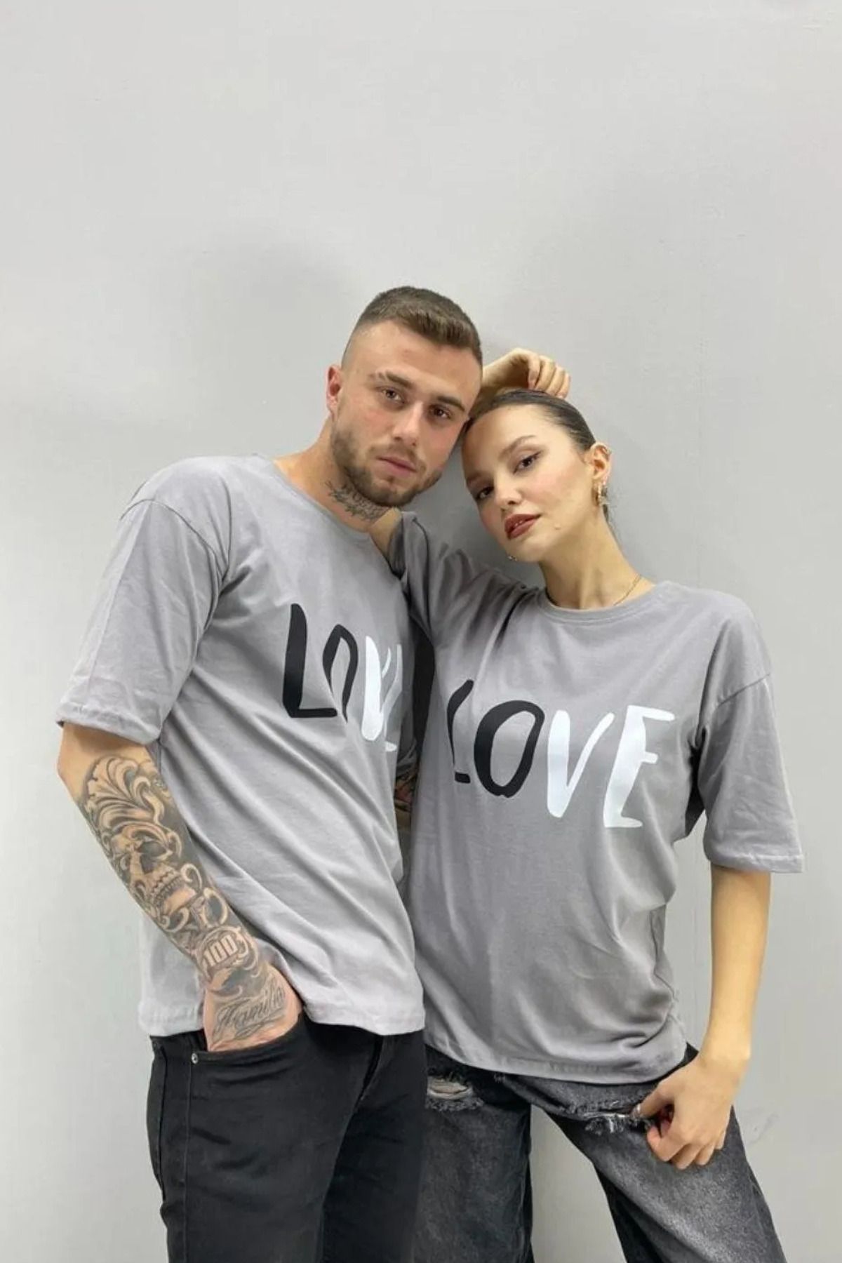 FECCY Pamuklu Blacksokak Unisex Tshirt Gri Love Baskılı Sevgili Çift Kombini 2 'li Set