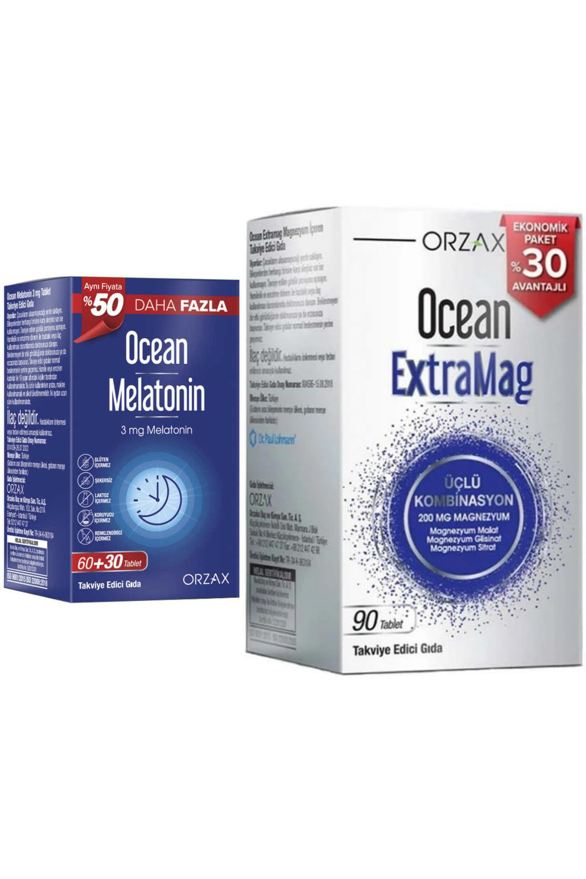 Ocean Melatonin 3 Mg 90 Tablet + Ocean ExtraMag Üçlü Magnezyum Kombinasyonu 90 Tablet