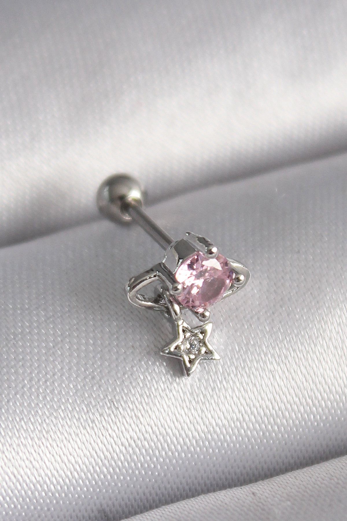 feifei 316L Çelik Gümüş Renk Pembe Zirkon Taşlı Sallantı Yıldız Detay Tragus Piercing - Lisinya