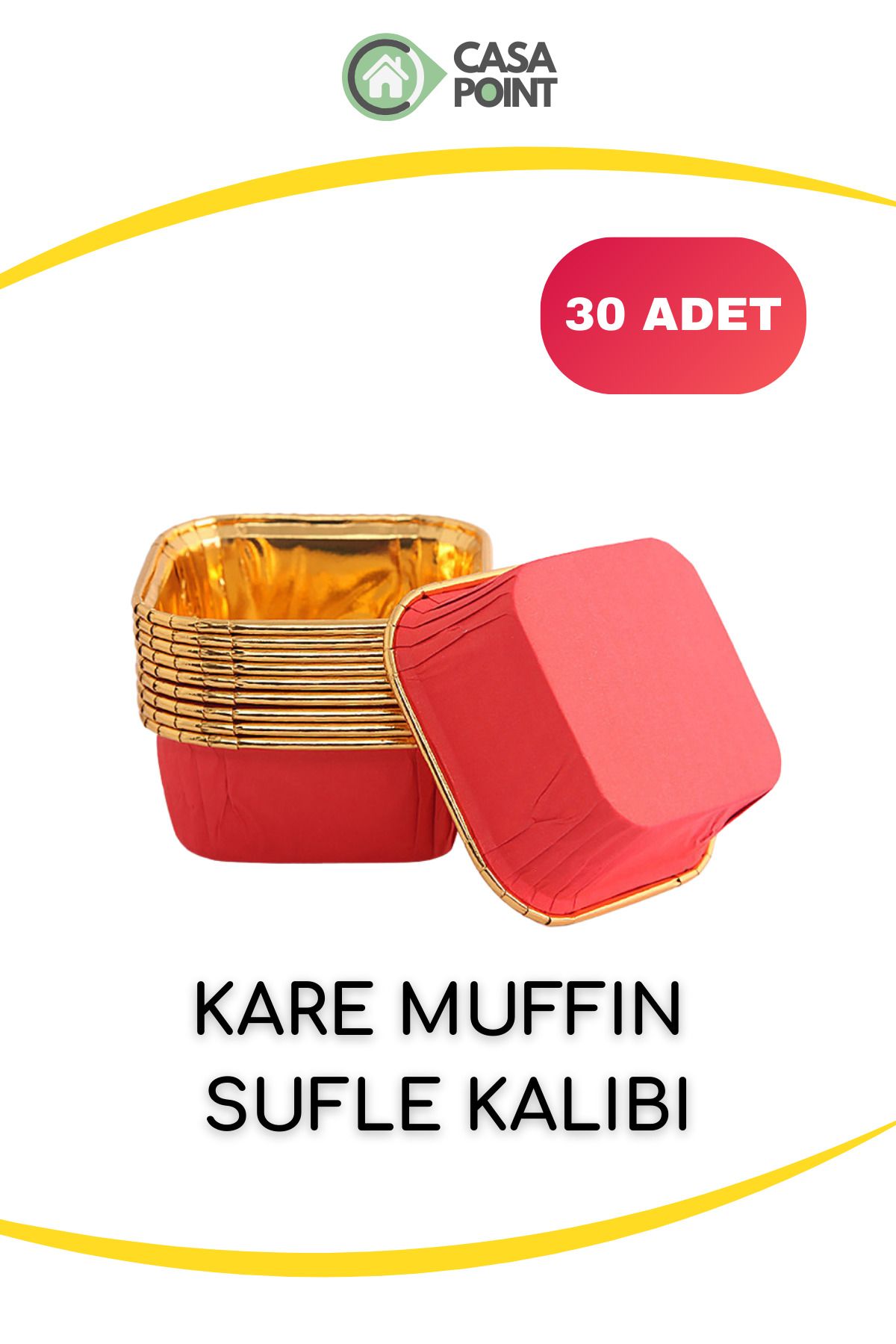 CASA Kare Kırmızı Gold Muffin Kek Kalıbı Sufle Kasesi Aşure Kabı - 30 Adet