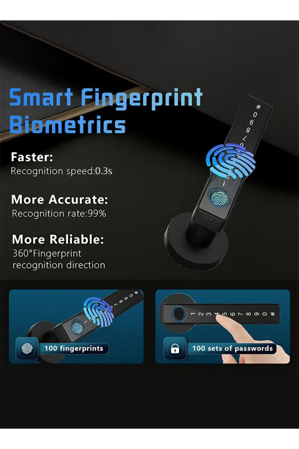 Taimi-Durable and Secure Zinc Alloy Smart Door Lock With Fingerprint, Password, Mechanical Key Black 4