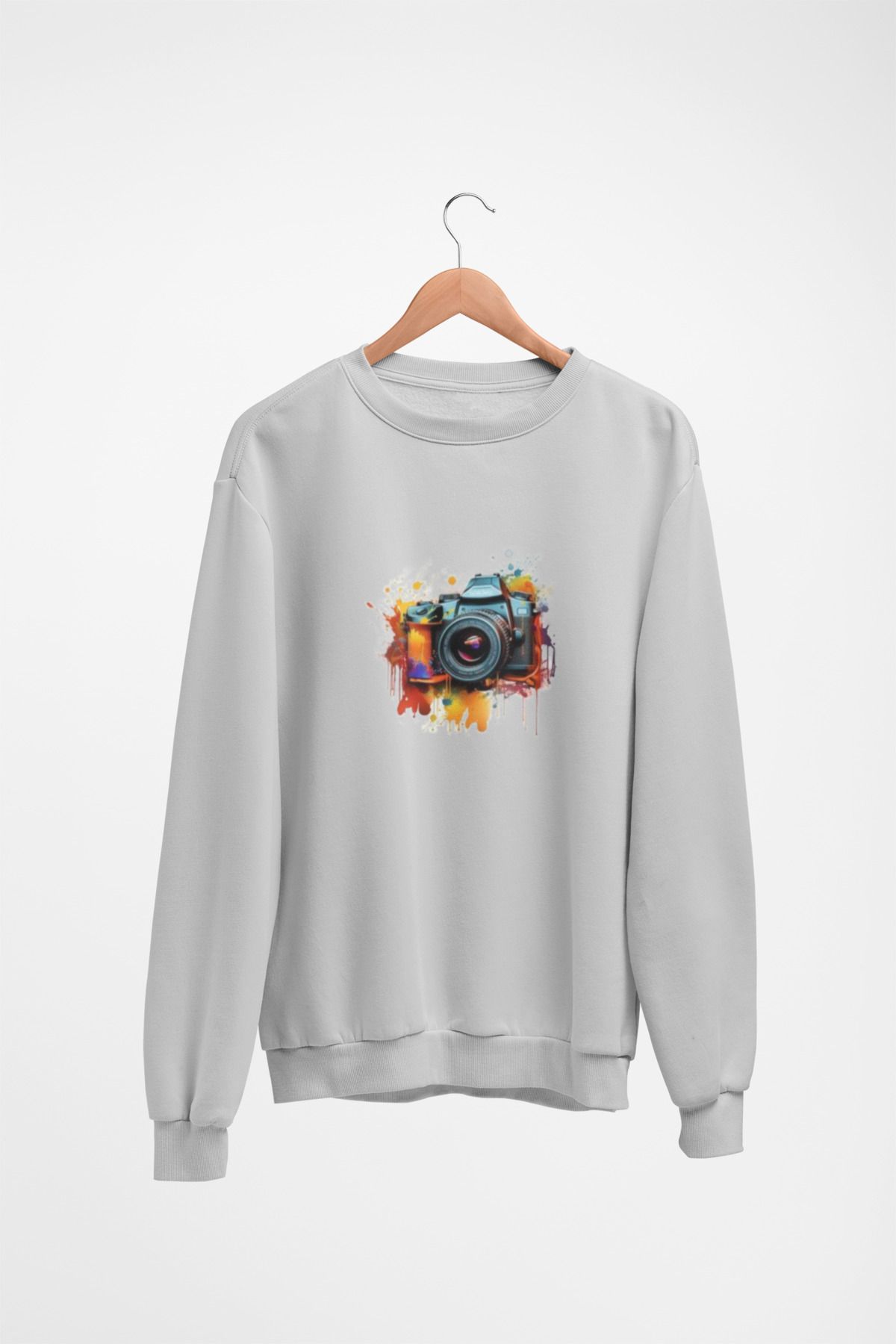 Butik Unisex Uzun Kol FOTOĞRAF MAKİNESİ Transfer Baskılı Bisiklet Yakalı Sweatshirt