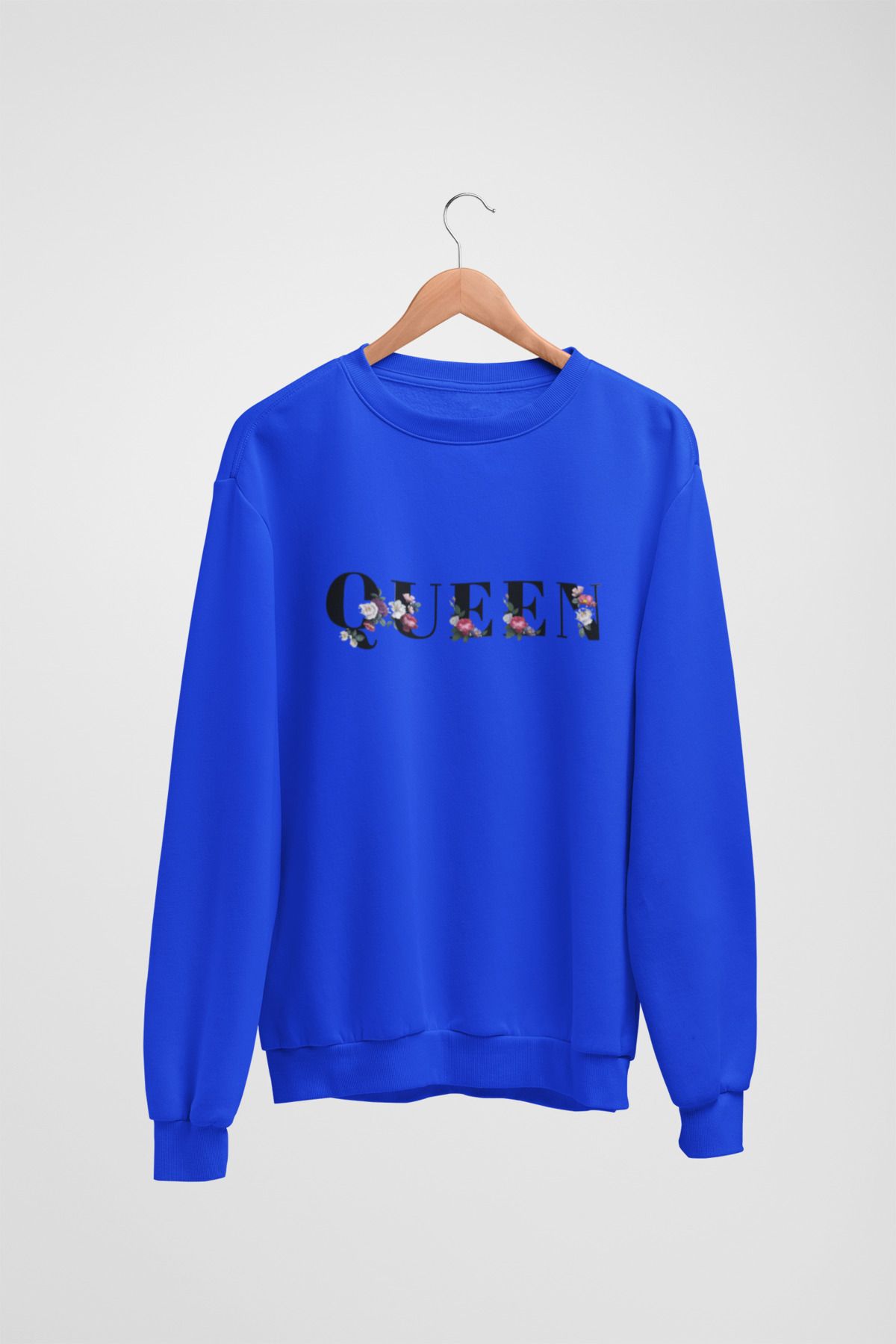 Butik Uzun Kol QUEEN Transfer Baskılı Bisiklet Yakalı Sweatshirt