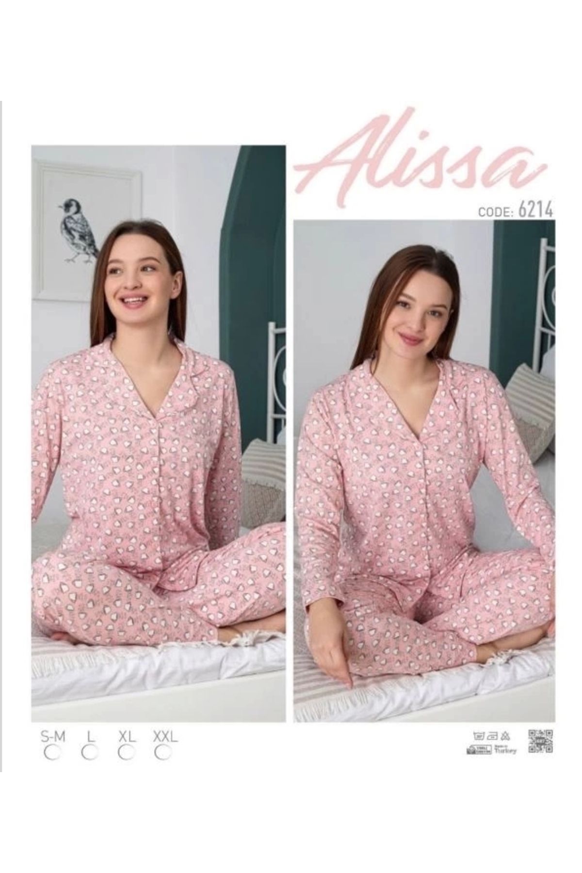 Moon wear Alissa 6214  Önü Düğmeli Desenli Uzun Kol  Pijama Takımı