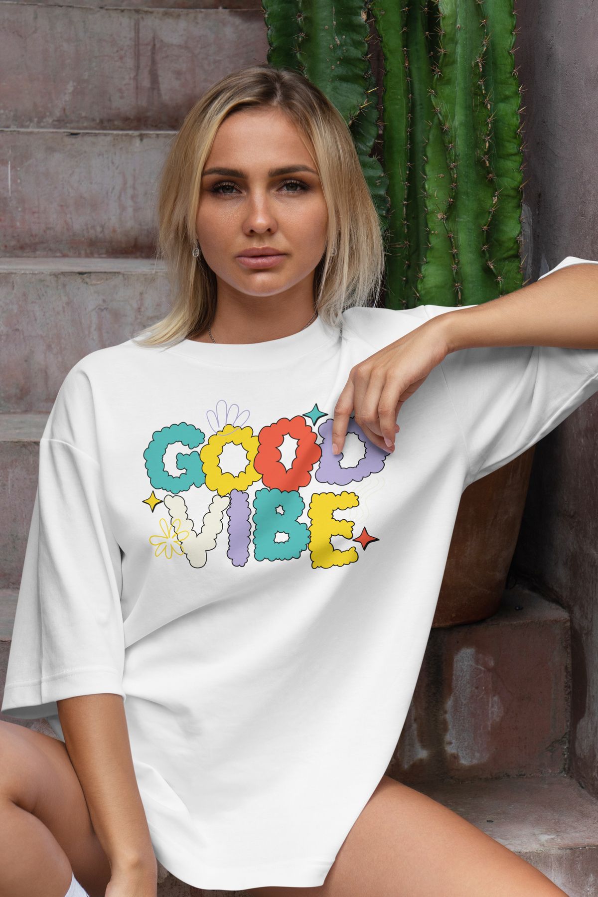 cc collection Good Vibe Baskılı Kadın Oversize T-Shirt