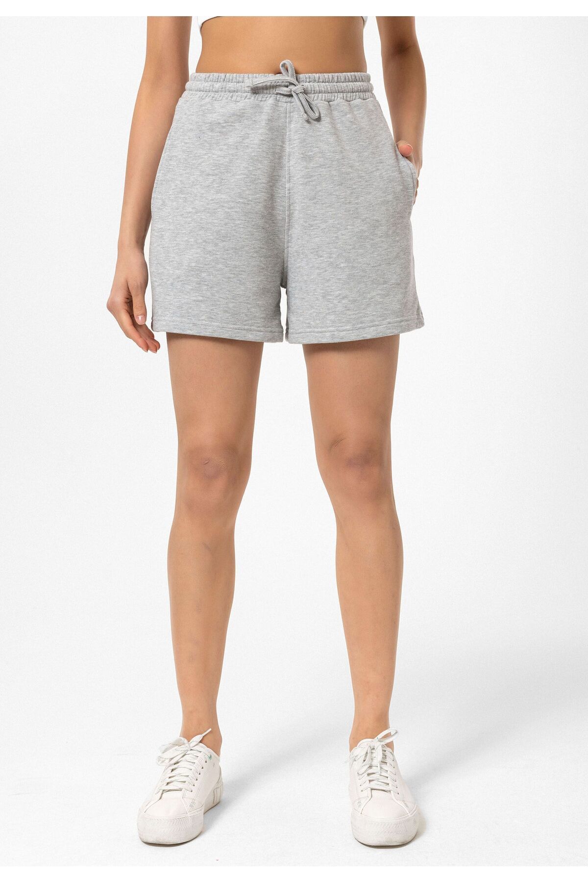 Williot-Beatrix Gray Pocket Elastic Waist Adjustable Cotton Regular Fit Women's Bermuda Shorts 1
