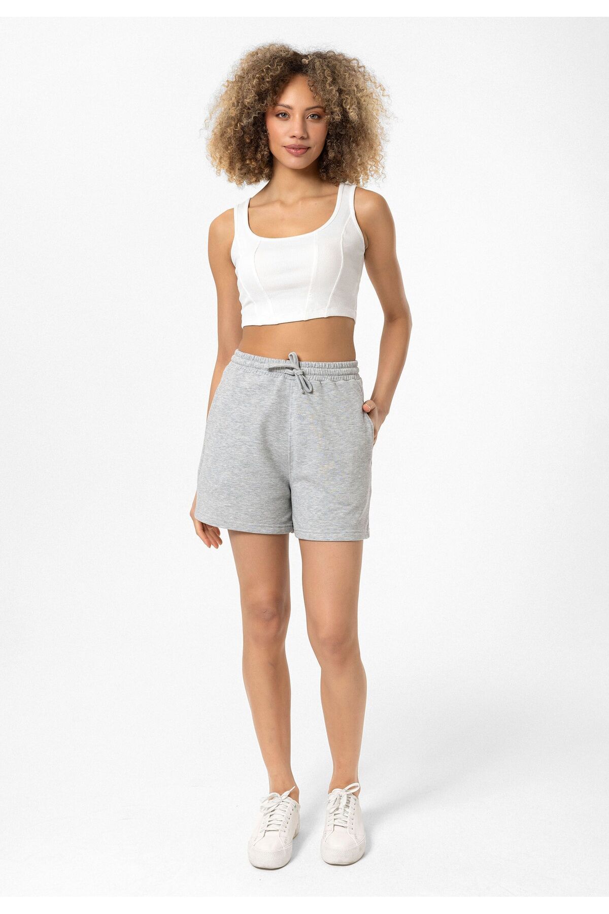 Williot-Beatrix Gray Pocket Elastic Waist Adjustable Cotton Regular Fit Women's Bermuda Shorts 2