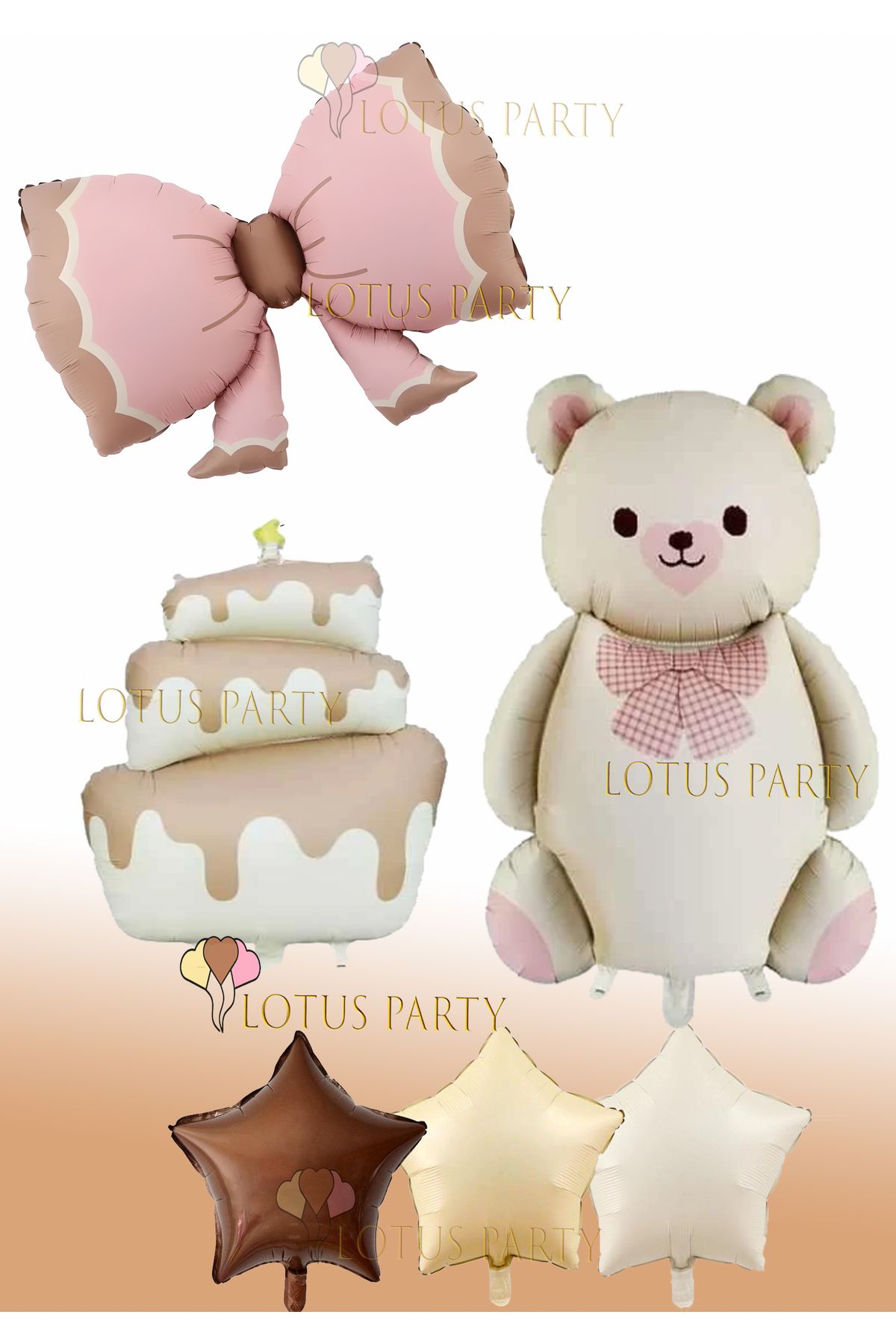 LOTUS PARTY-Retro Cake - Pink Bow and Caramel Color Bear Set, 3 Pcs Stars 1