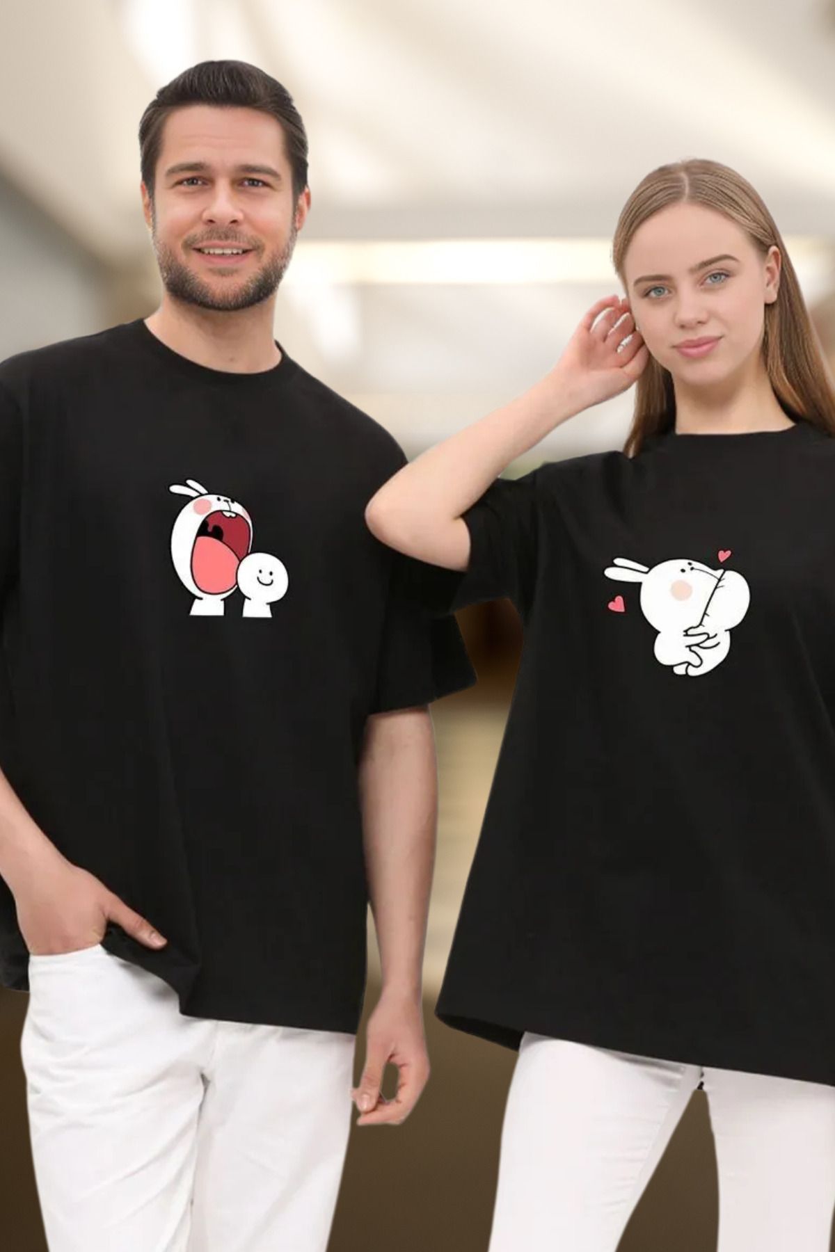 FECCY Pamuklu Tavşan Tasarım Sevgili Çift Kombini Beyaz Oversize T-Shirt 2'li Set