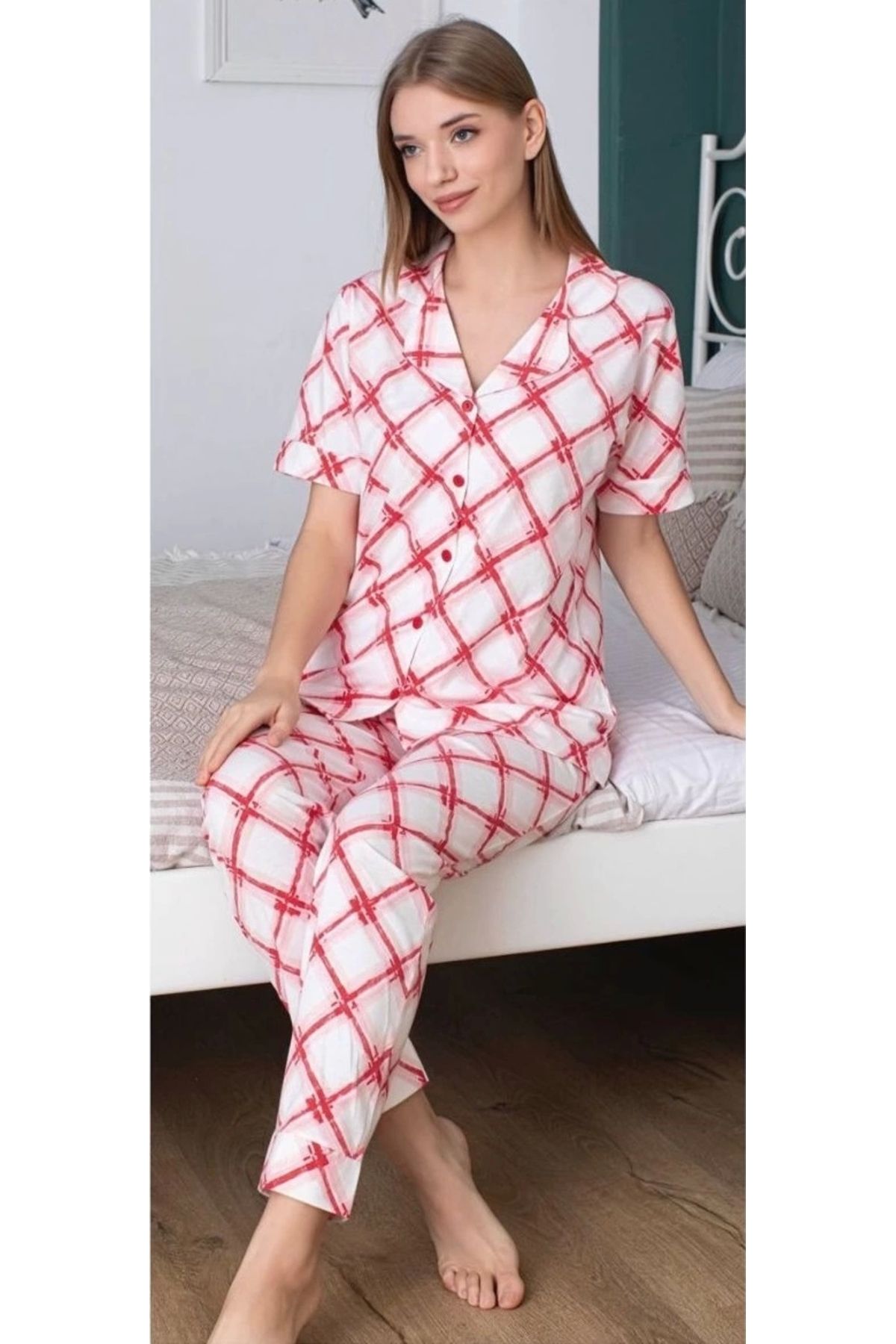 Moon wear Alissa 6237 Kadın Pembe Desenli Patlı Pijama Takımı