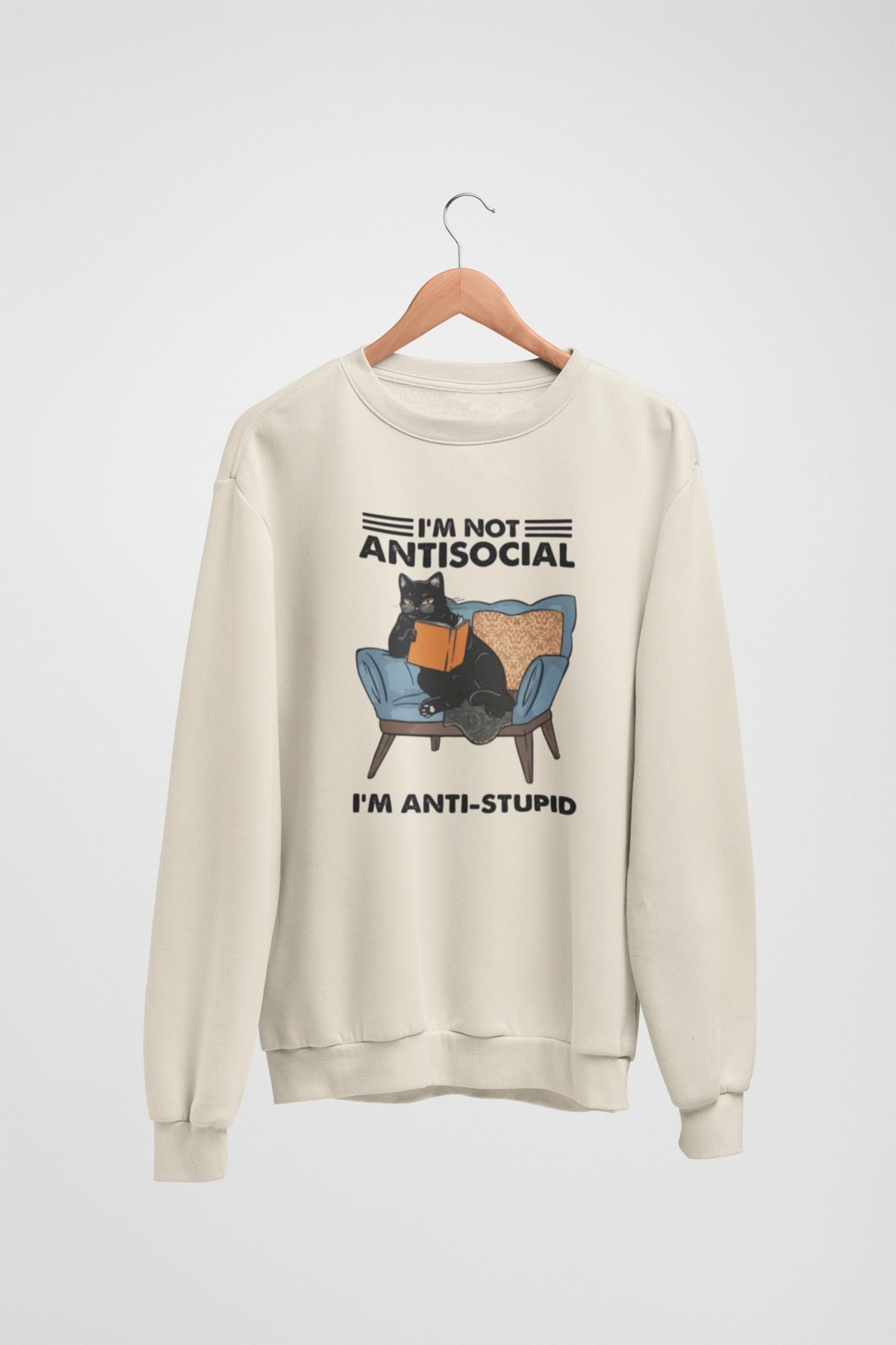 Butik Unisex Uzun Kol I'M NOT ANTISOCIAL Transfer Baskılı Bisiklet Yakalı Sweatshirt