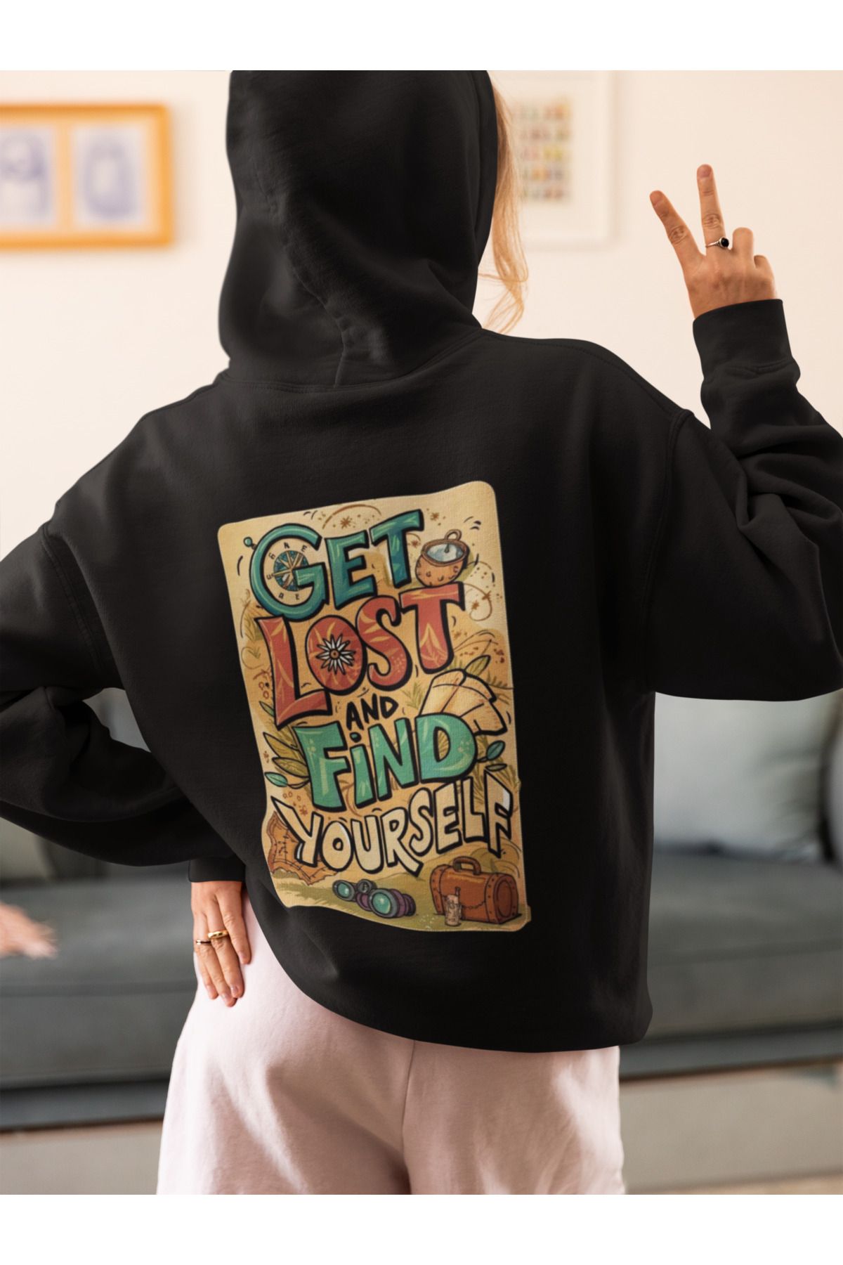 MAGORS GET LOST SIRT BASKILI PAMUKLU UZUN KOLLU ŞARDONLU 3 İPLİK KAPŞONLU SWEATSHIRT