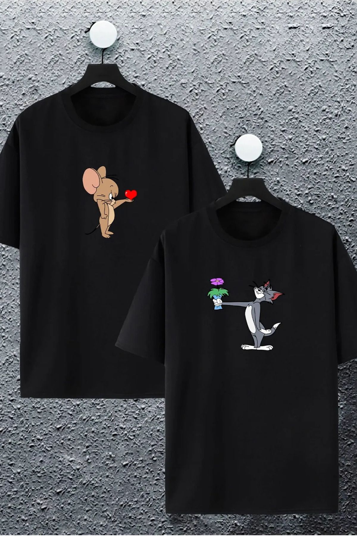 Wish BF Unisex Çiçekli Tom Ve Jerry Baskılı Sevgili Çift Kombini Tasarım Oversize Tshirt 2li